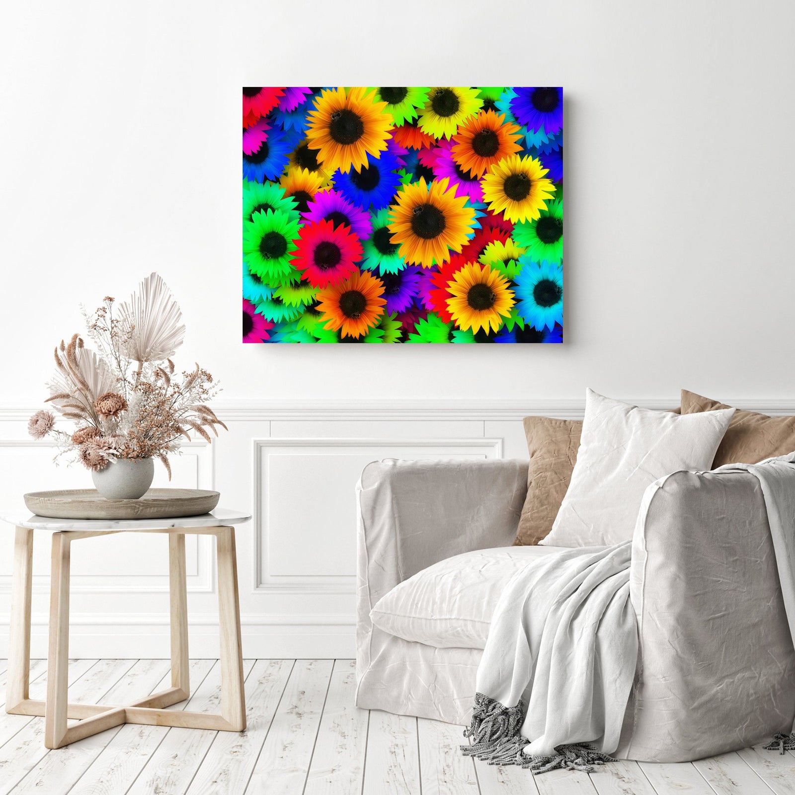 Rainbow Sea of Sunflowers | Diamond Painting Displayed as Home Decor