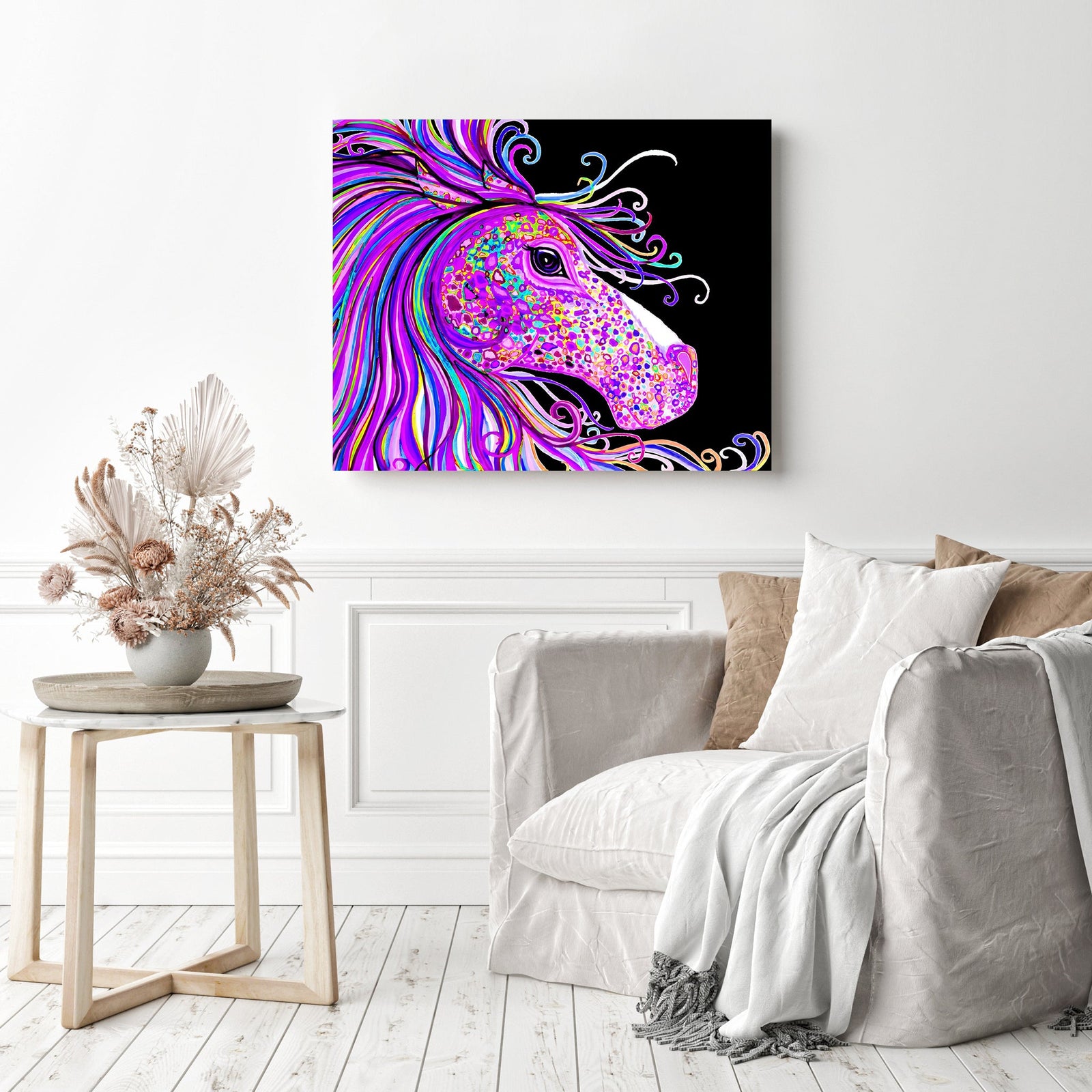 Rainbow Spotted Horse Head | Diamond Painting Displayed as Home Decor