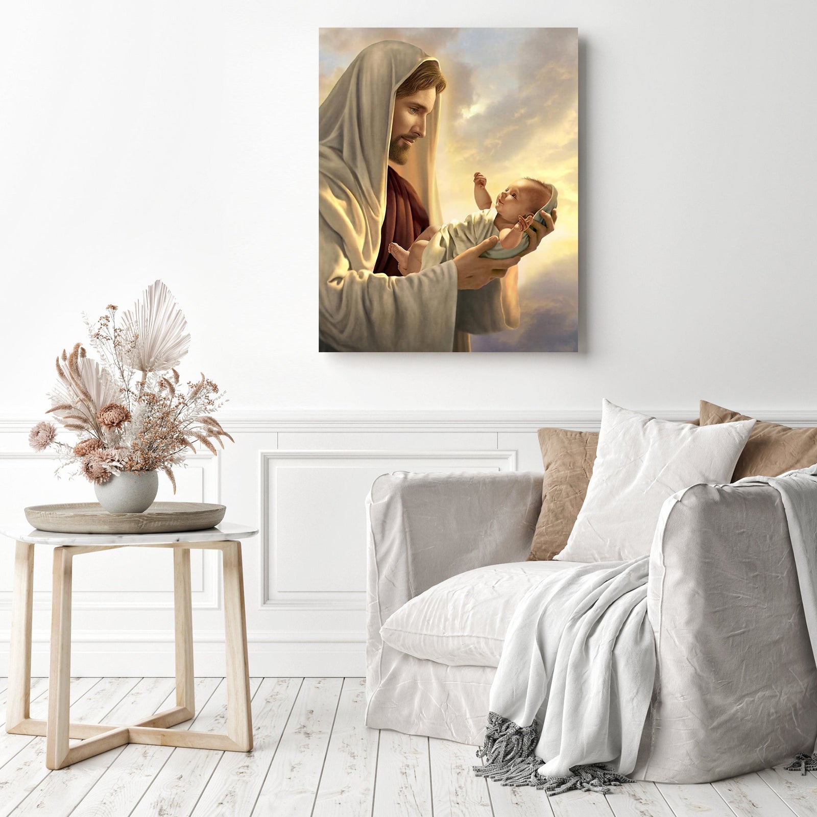 Jesus Holding Baby | Diamond Painting Displayed as Home Decor