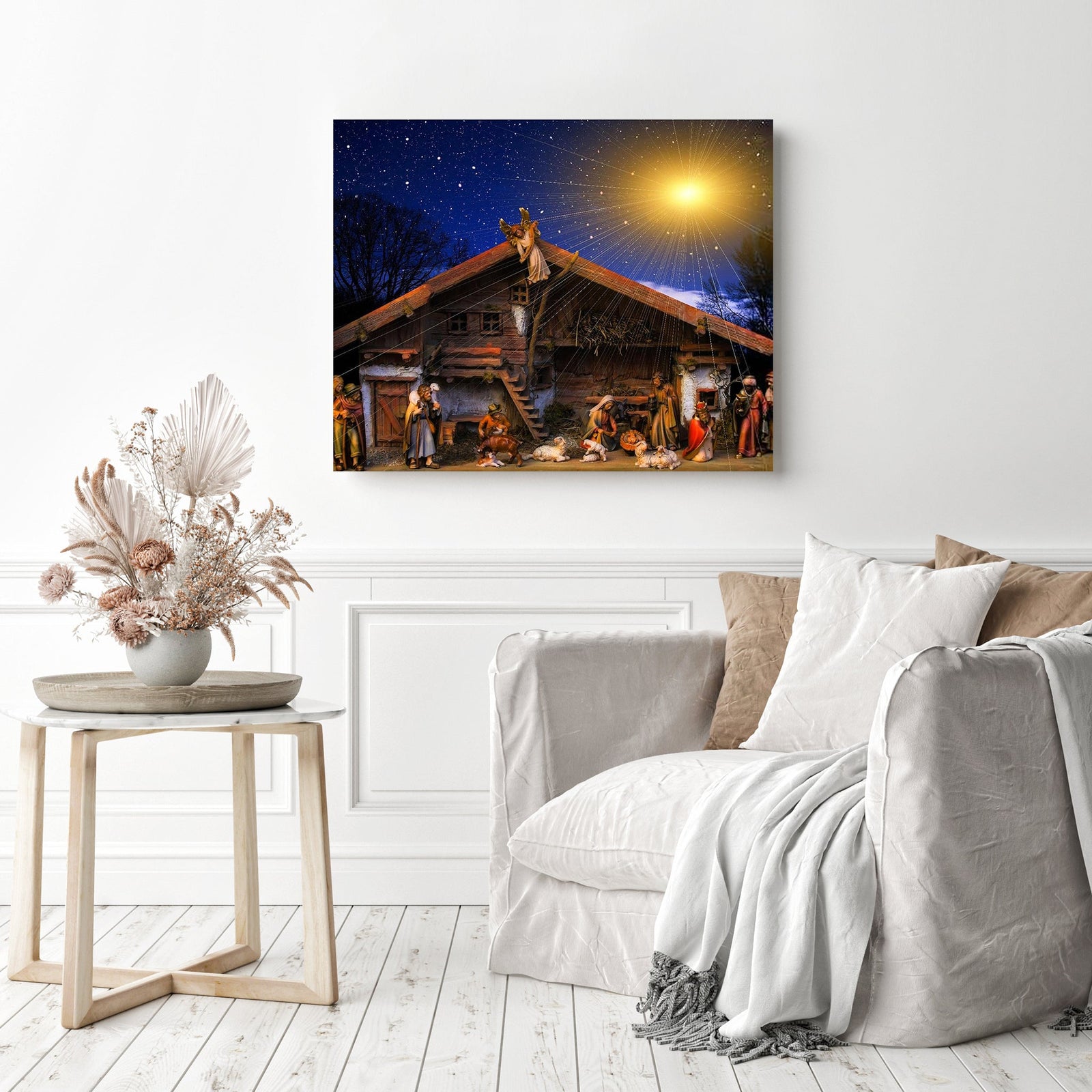 Moonlit Nativity Scene | Diamond Painting Displayed as Home Decor