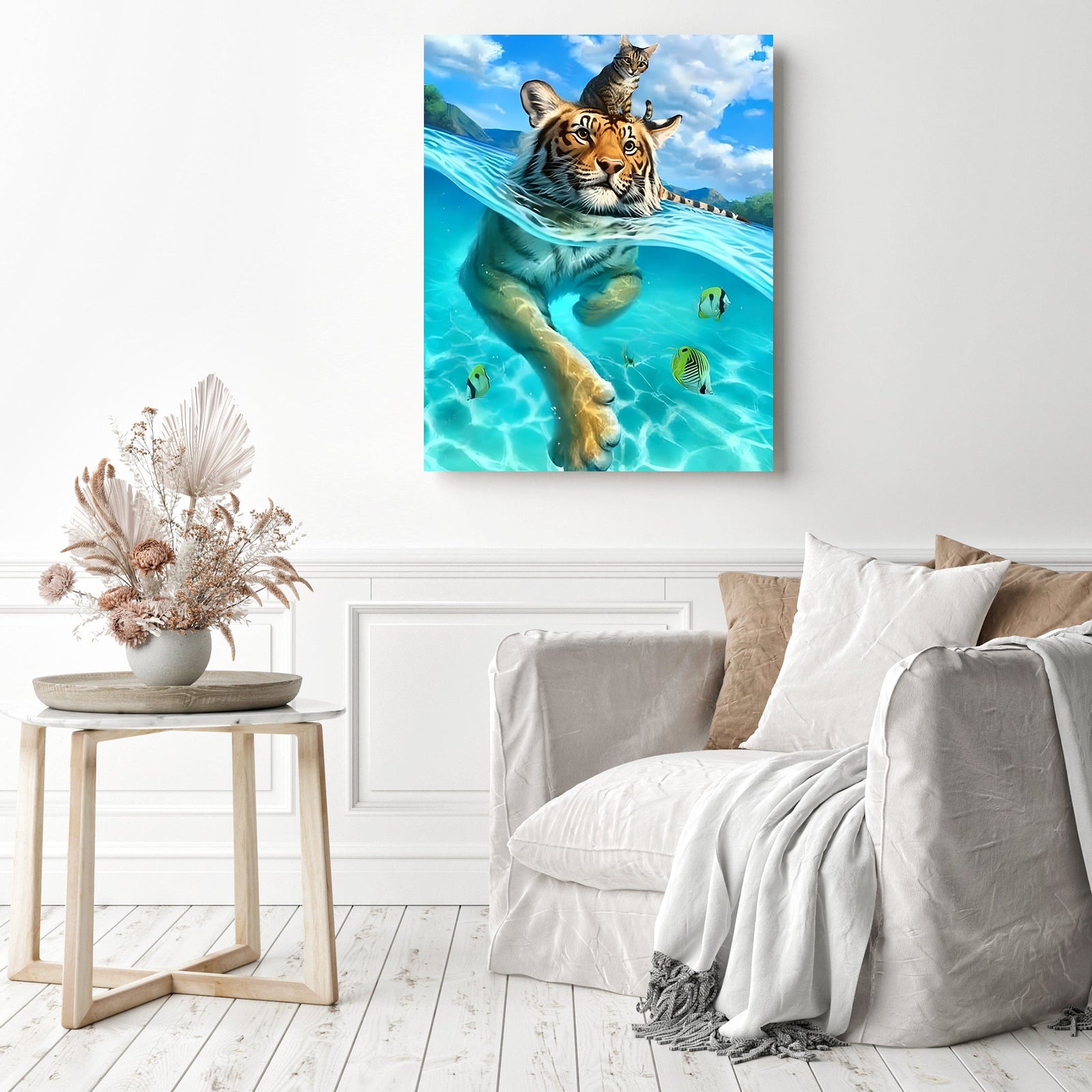 Cat in the Water | Diamond Painting Displayed as Home Decor