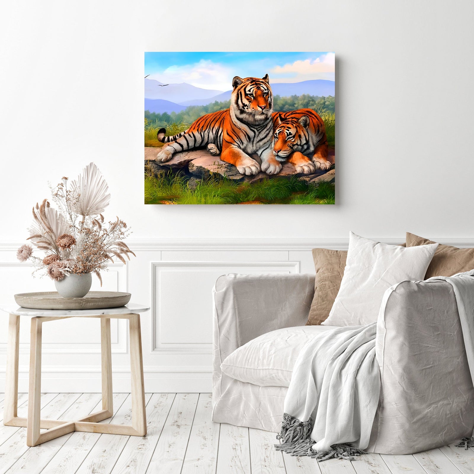 Two Tigers Relaxing | Diamond Painting Displayed as Home Decor