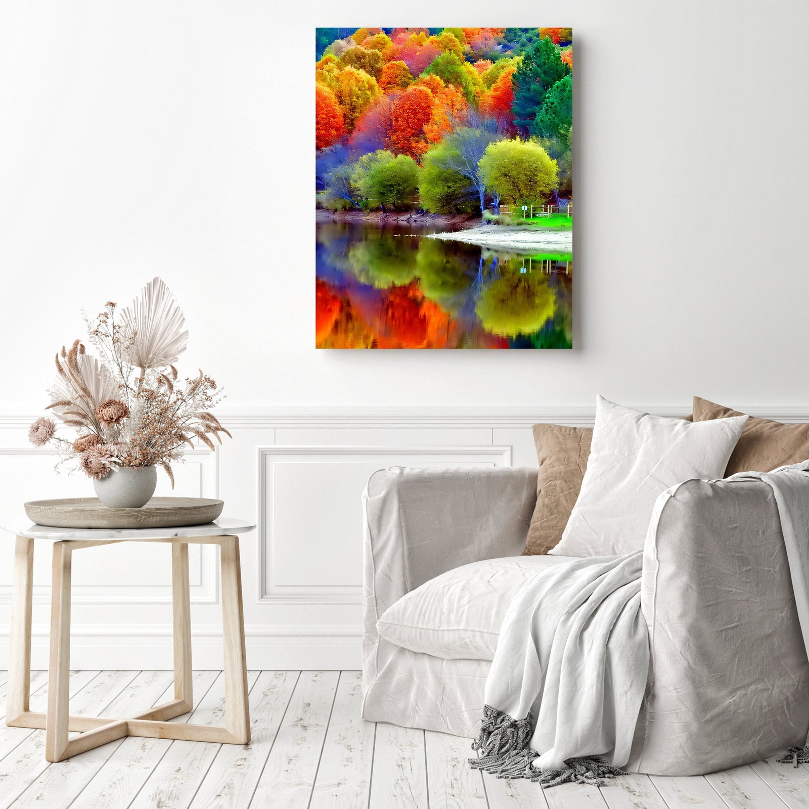 Colorful Trees In Forest With Reflection On Lake | Diamond Painting Displayed as Home Decor