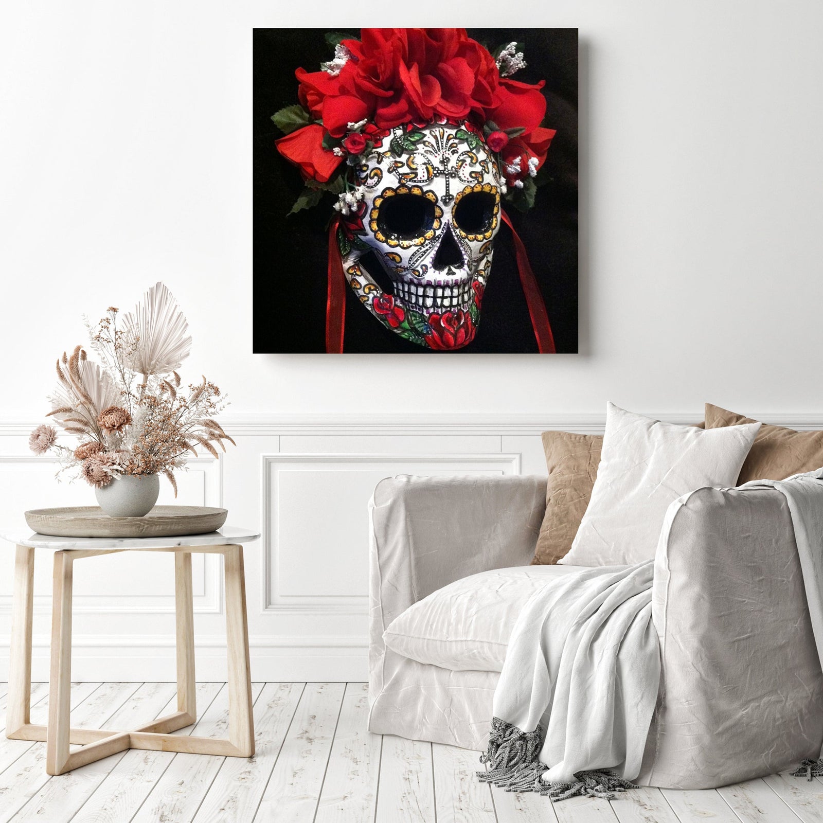 Red Rose Sugar Skull | Diamond Painting Displayed as Home Decor