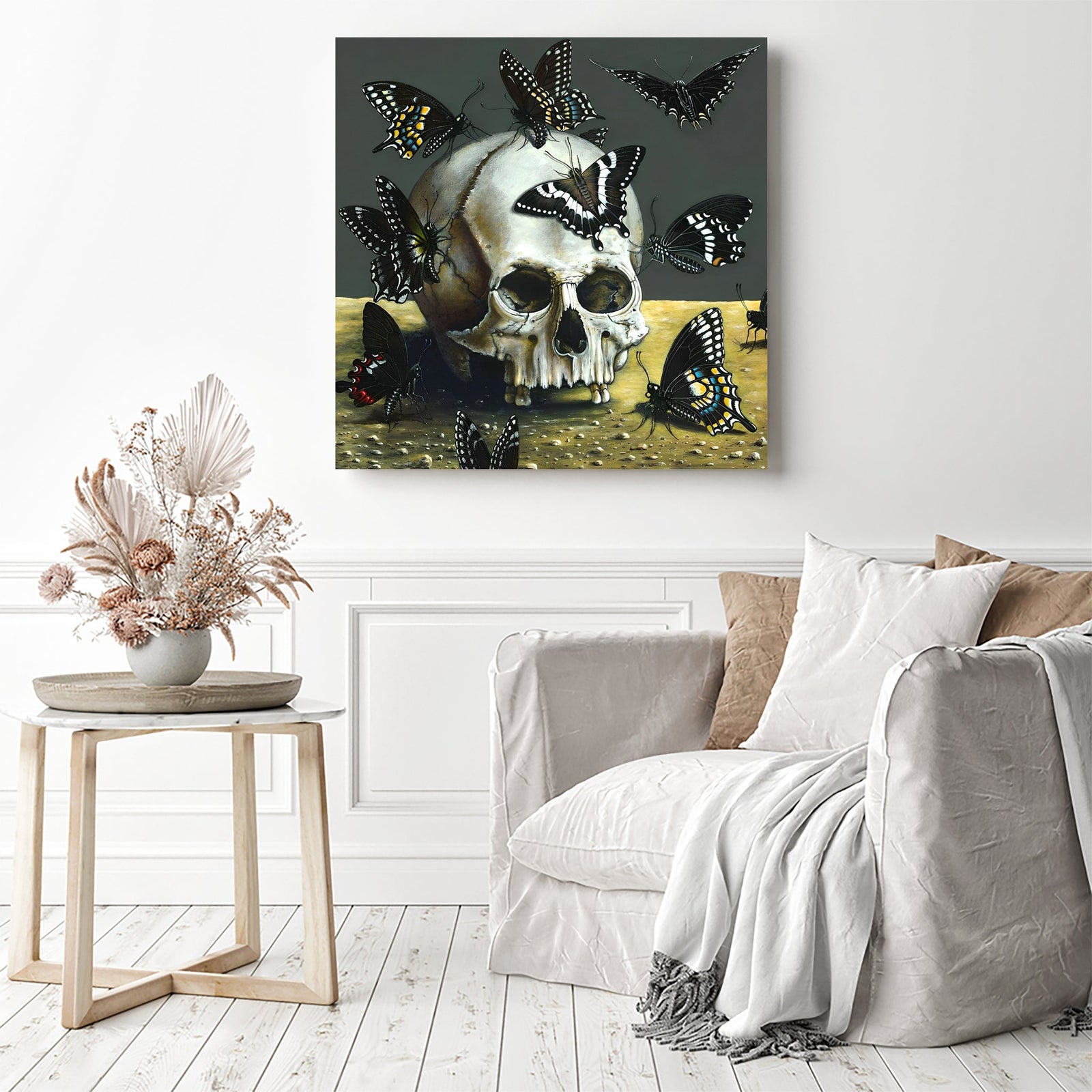 Skull and Butterflies | Diamond Painting Displayed as Home Decor