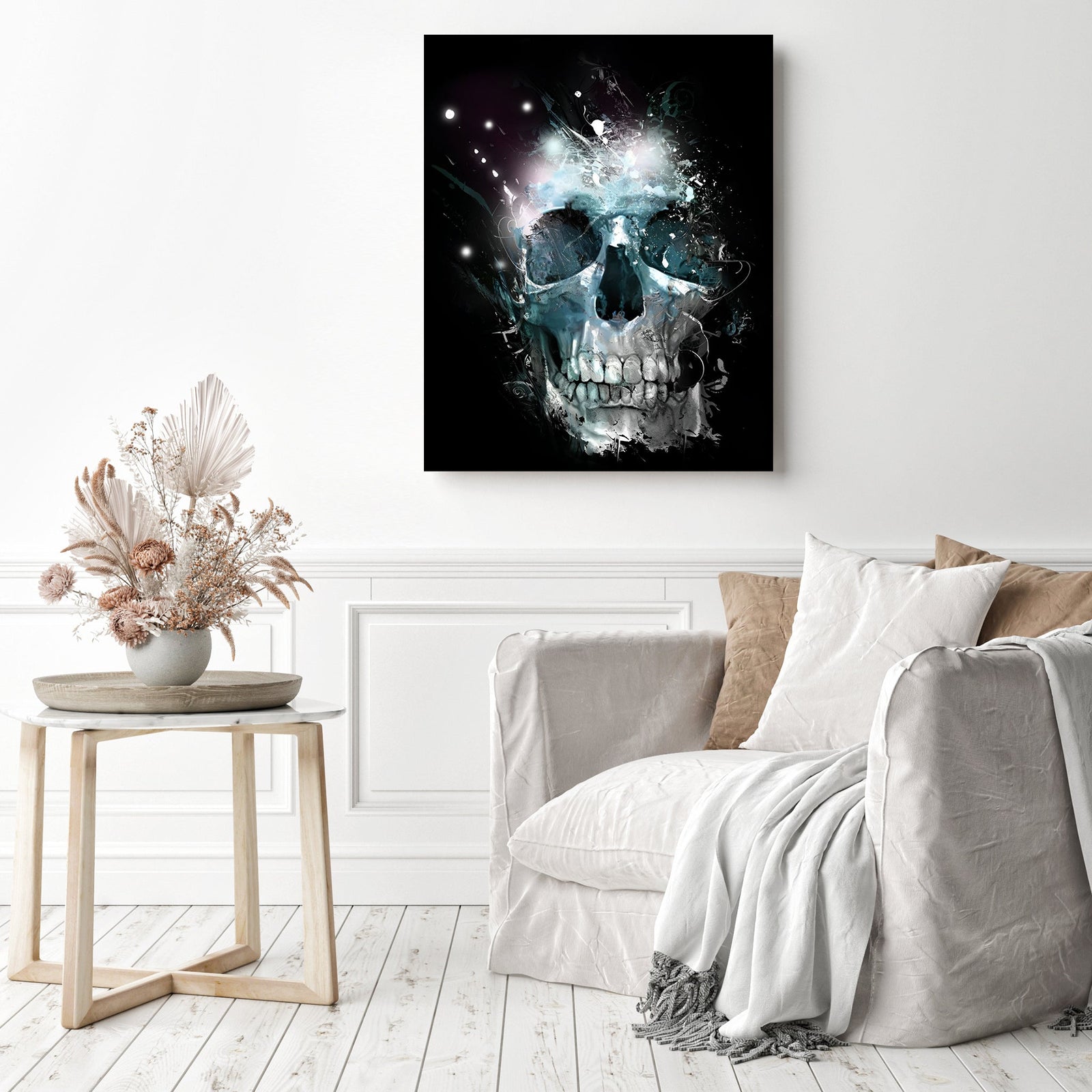 Shimmering Skull | Diamond Painting Displayed as Home Decor