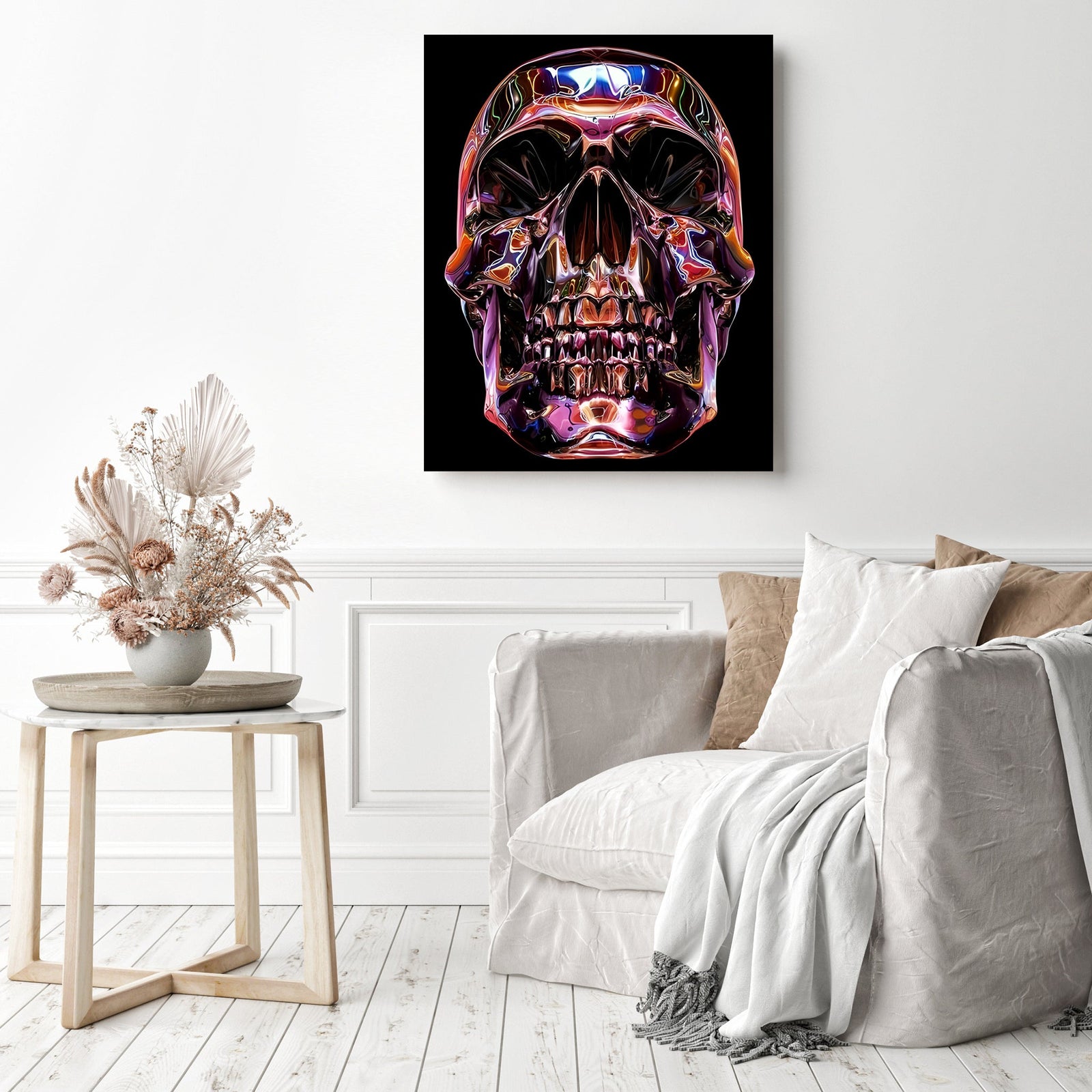 Neon Metallic Skull | Diamond Painting Displayed as Home Decor