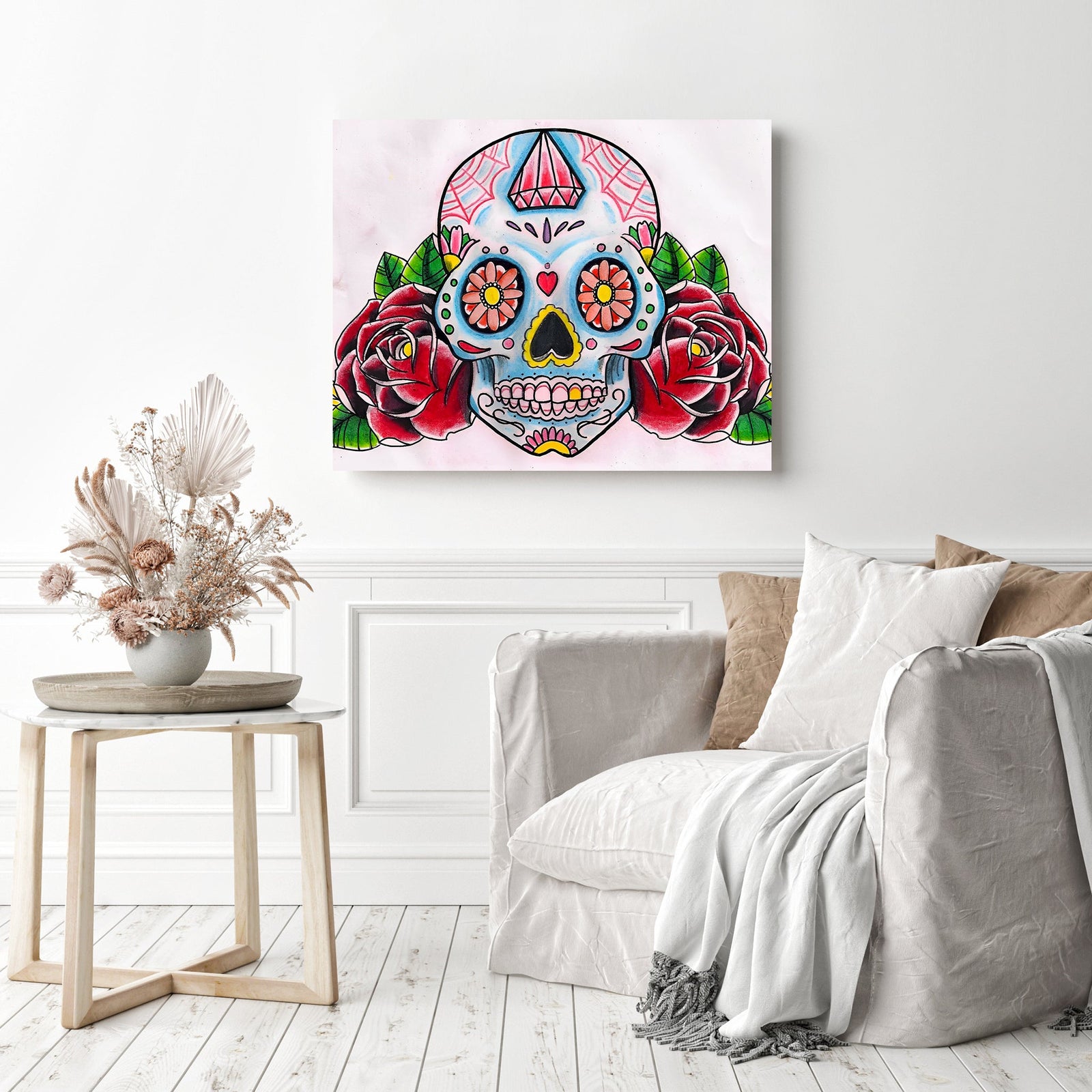 Vibrant Sugar Skull Mystic | Diamond Painting Displayed as Home Decor