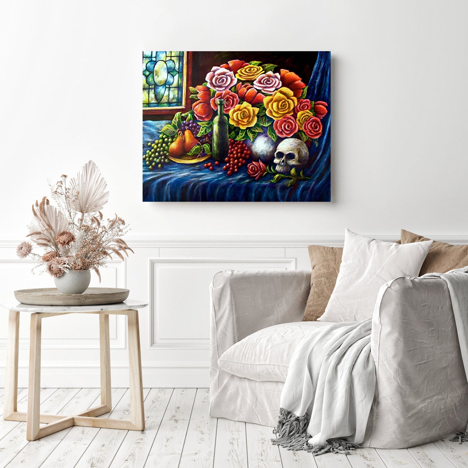 Roses and Skull | Diamond Painting Displayed as Home Decor