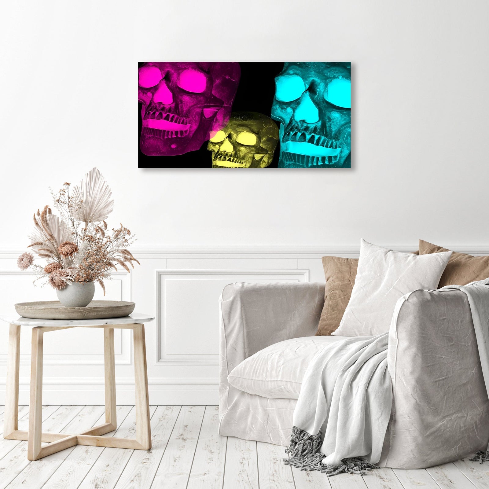 Tri Chrome Skulls | Diamond Painting Displayed as Home Decor