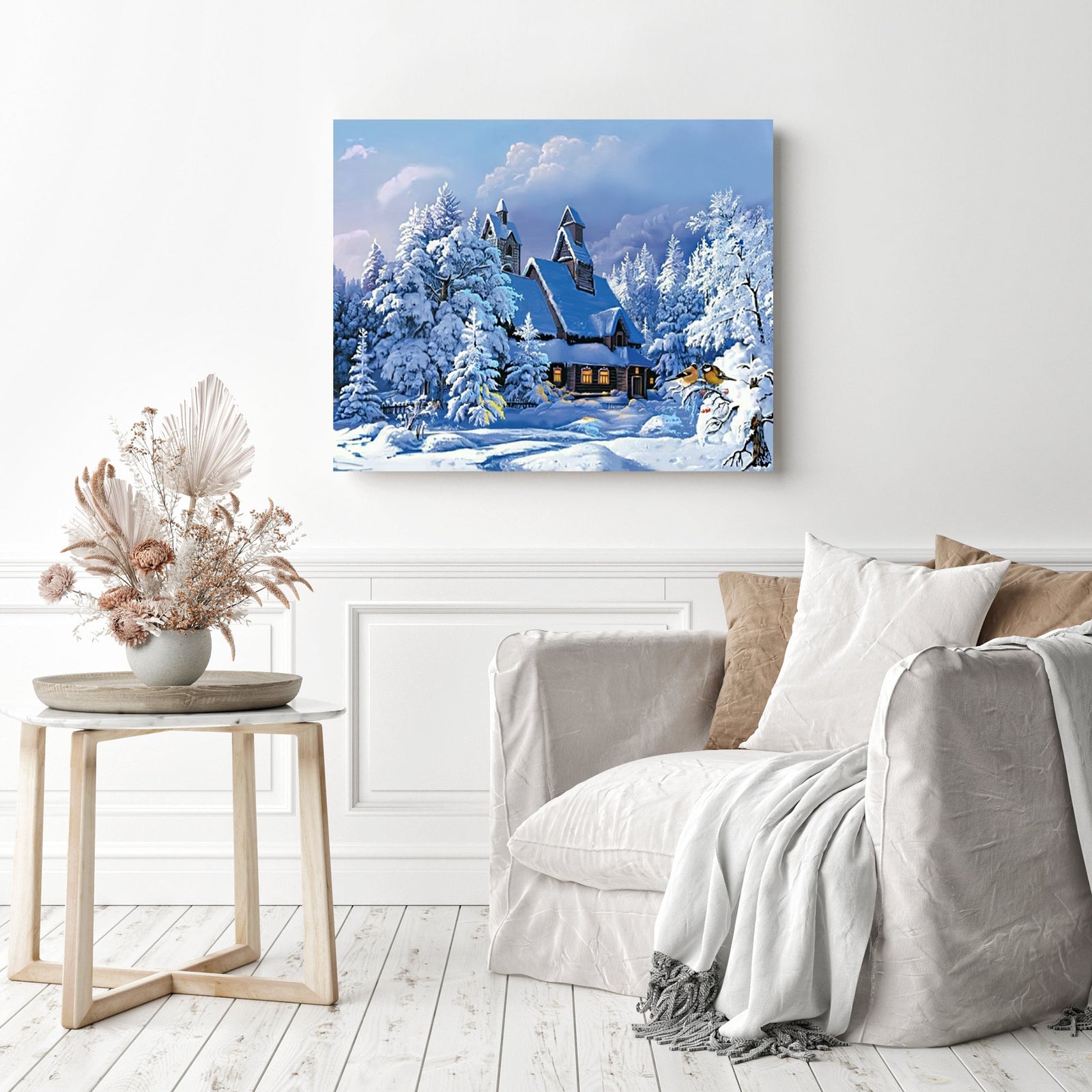 Snowy Cabin in the Woods | Diamond Painting Displayed as Home Decor