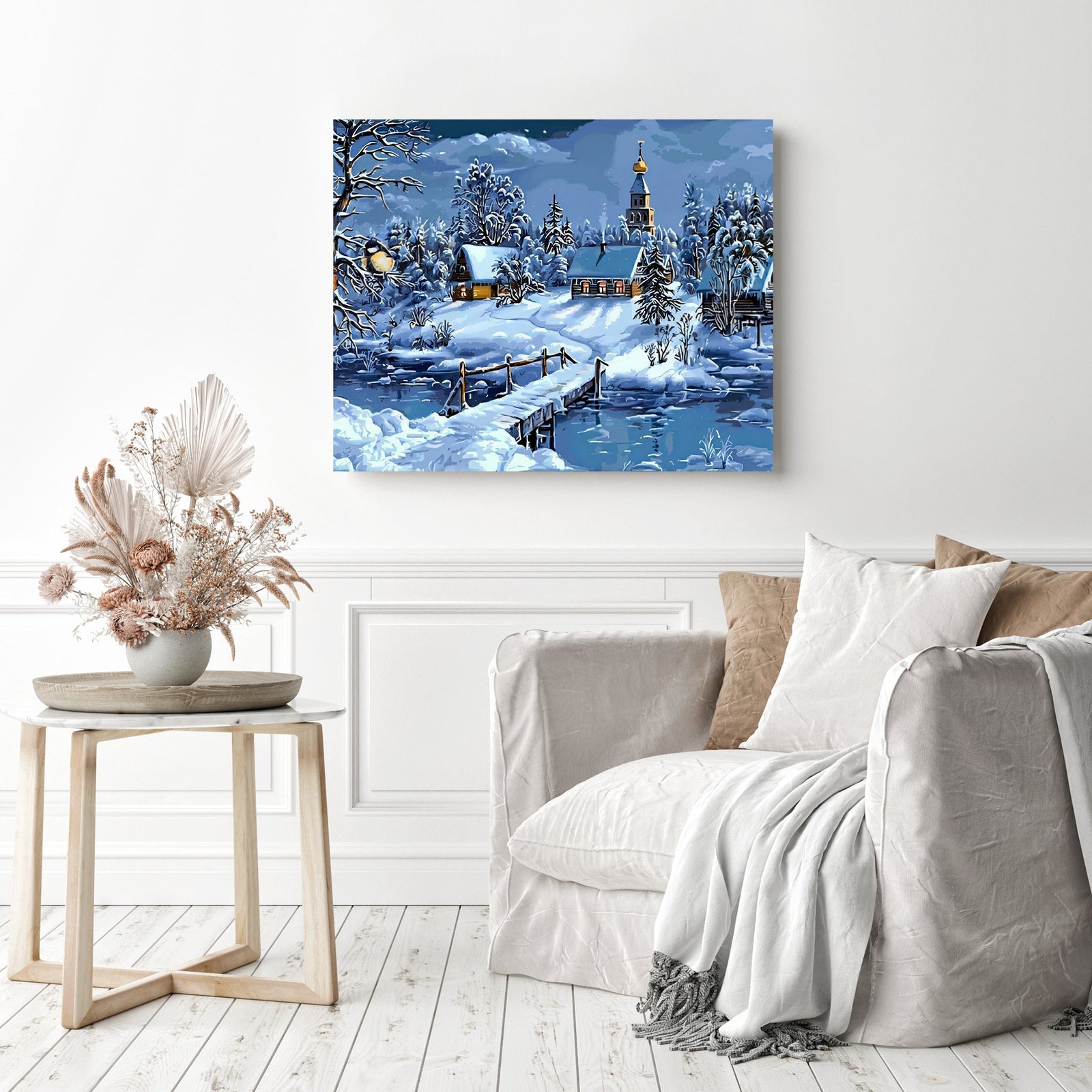 Winter in the Village | Diamond Painting Displayed as Home Decor