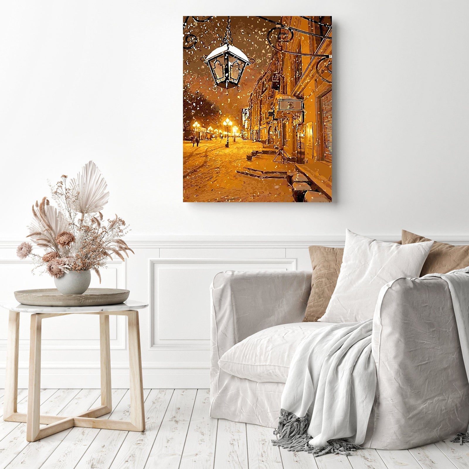 Warmth in Winter Village | Diamond Painting Displayed as Home Decor