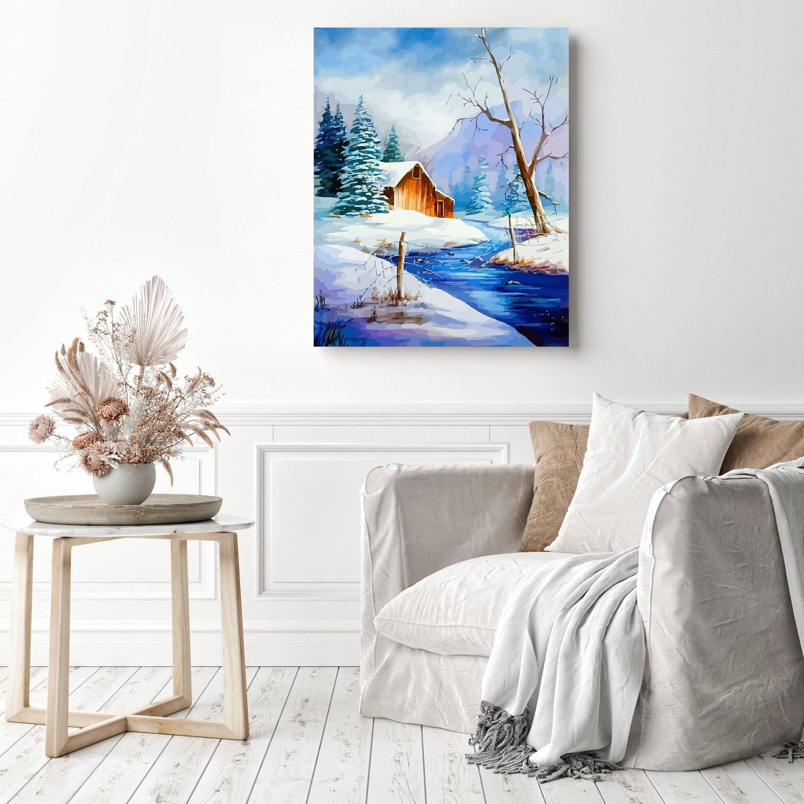 Snowy Cabin By Lake | Diamond Painting Displayed as Home Decor