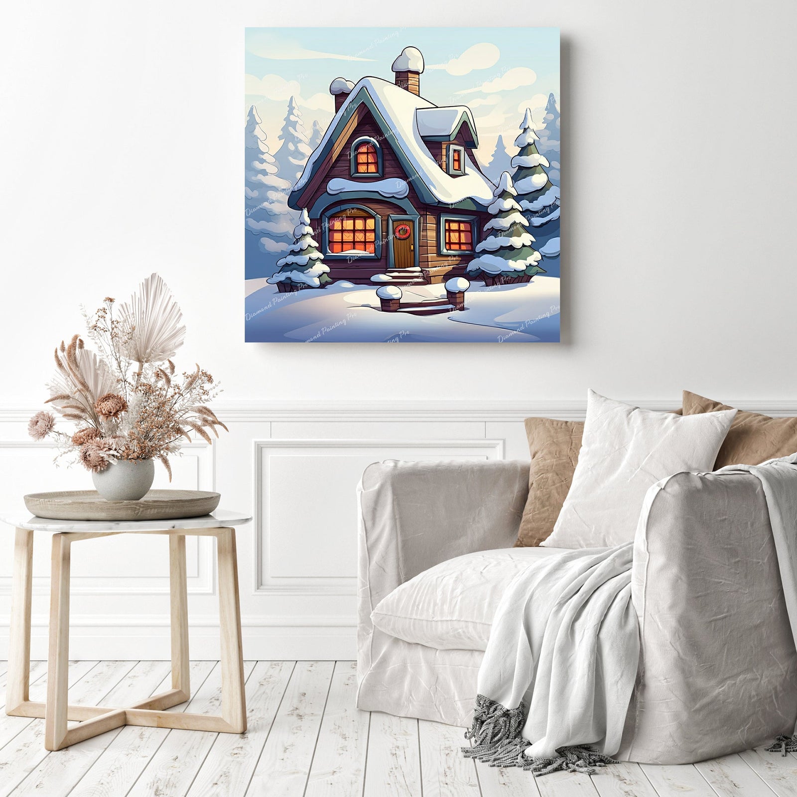 Snowy Cabin Serenity | Diamond Painting Displayed as Home Decor