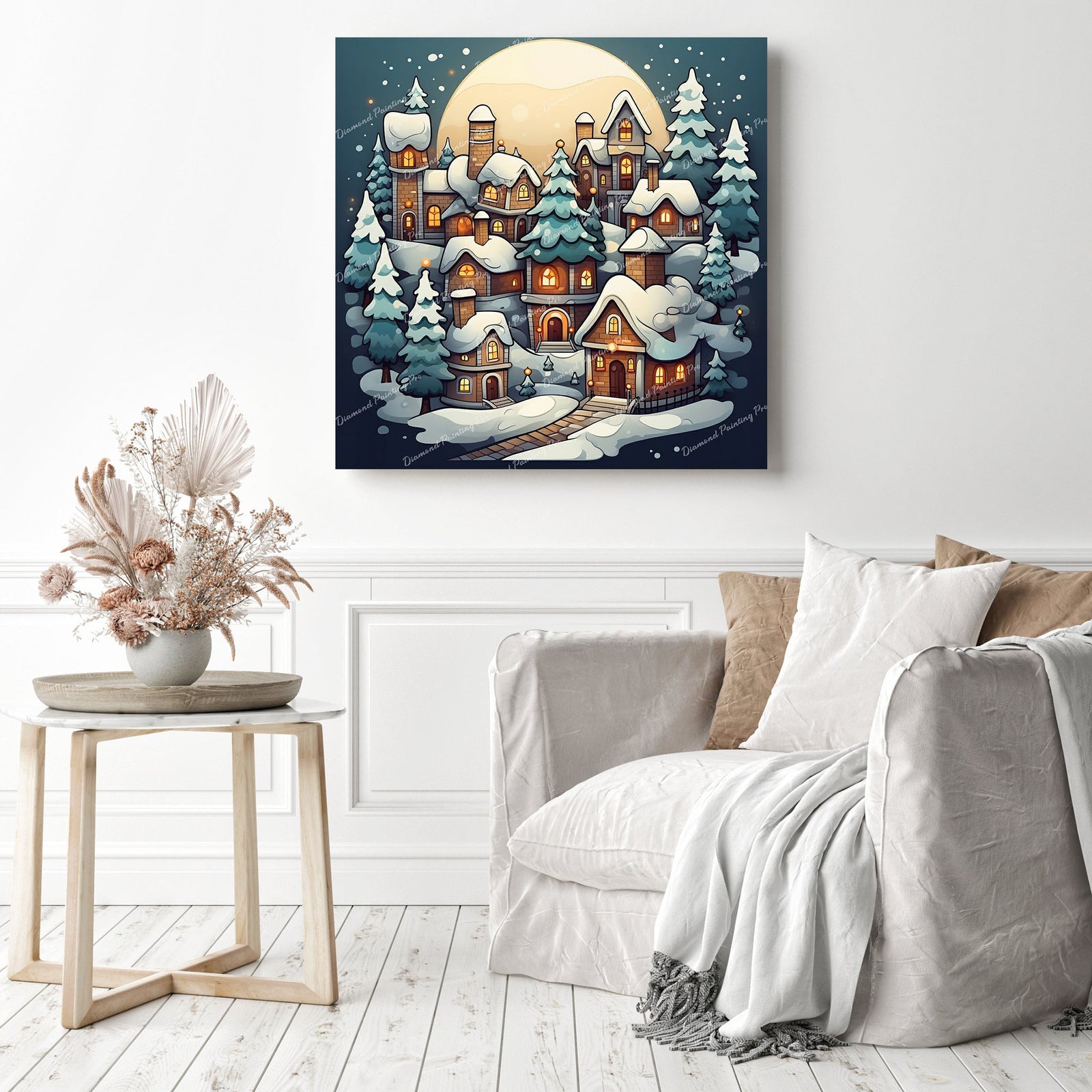 Festive Village Glow | Diamond Painting Displayed as Home Decor