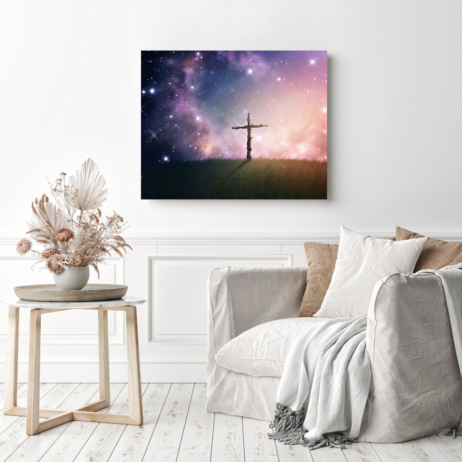 Single Cross Under the Night Sky | Diamond Painting Displayed as Home Decor