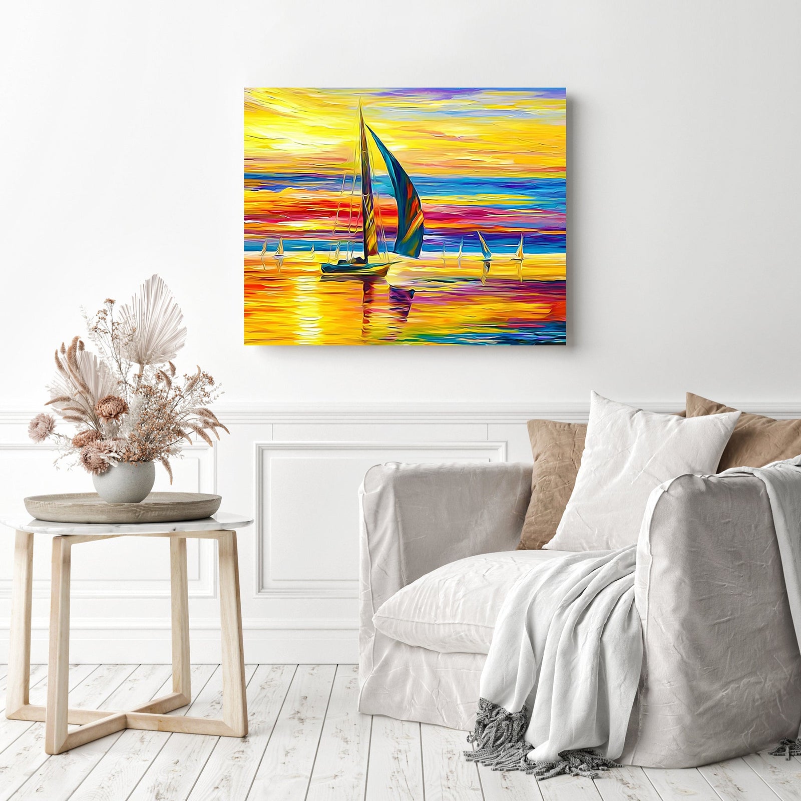 Bright Sailboat Sunset | Diamond Painting Displayed as Home Decor