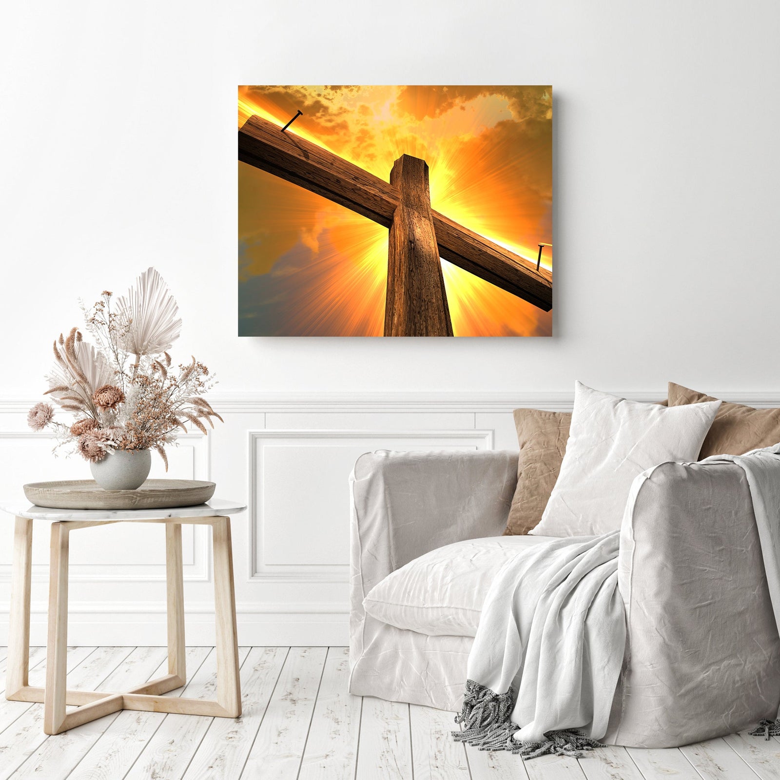 Wooden Cross Sunrise | Diamond Painting Displayed as Home Decor