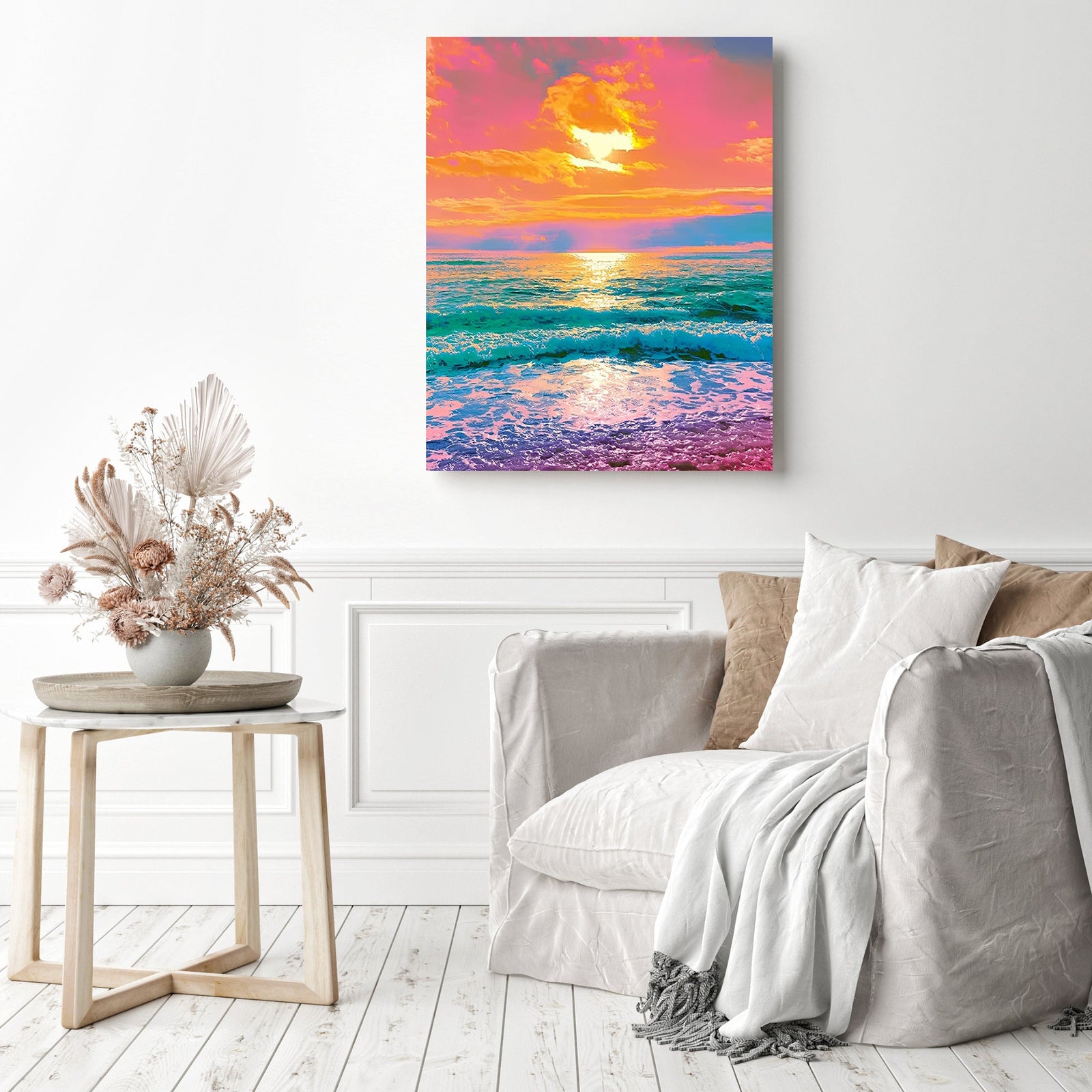 Vibrant Beachside Sunset | Diamond Painting Displayed as Home Decor