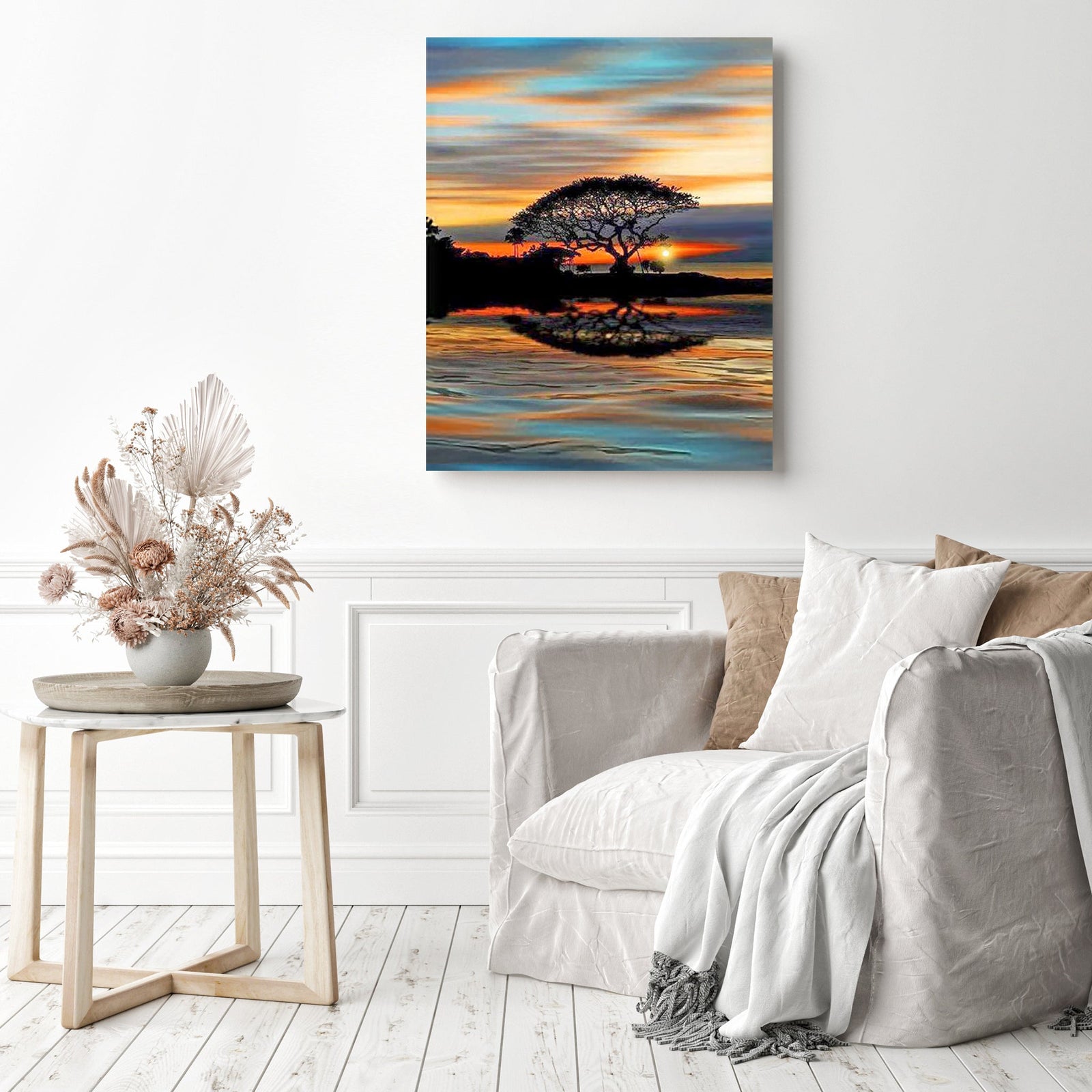 Tree Silhouette Sunset | Diamond Painting Displayed as Home Decor