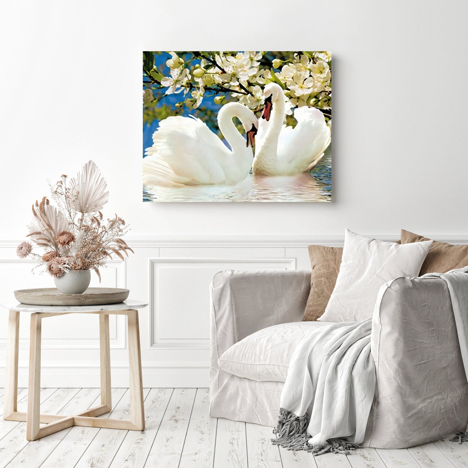 Swans and Flowers | Diamond Painting Displayed as Home Decor