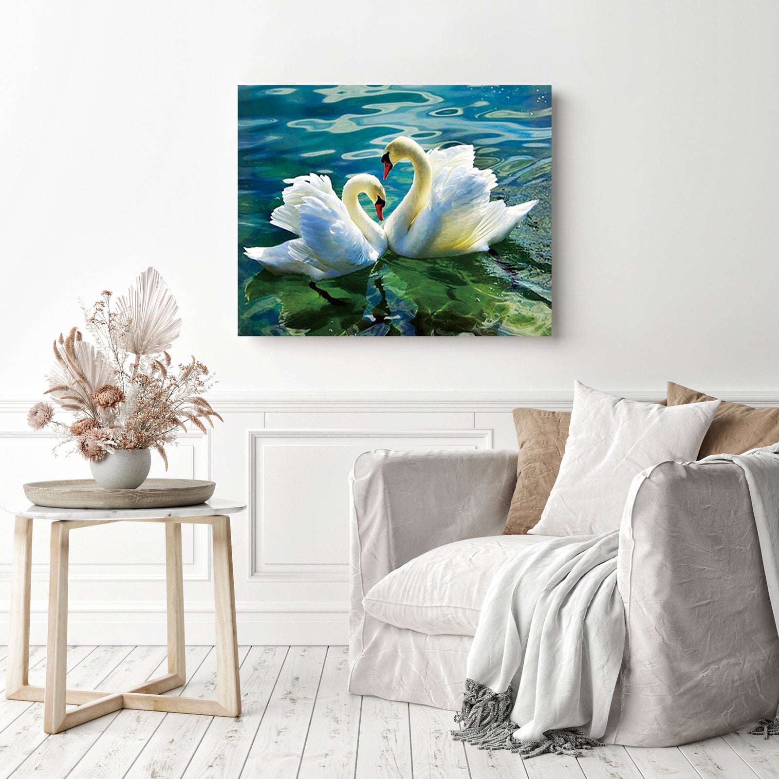 Swans Elegance | Diamond Painting Displayed as Home Decor