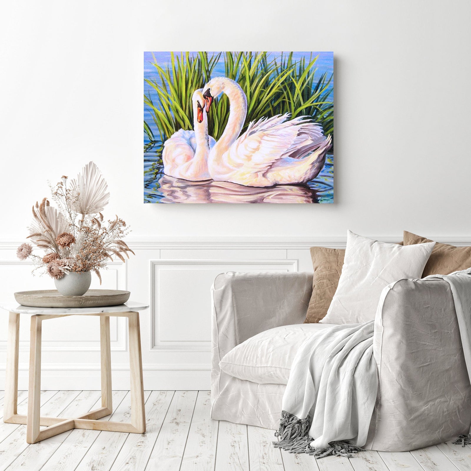 Swans Love Romance | Diamond Painting Displayed as Home Decor