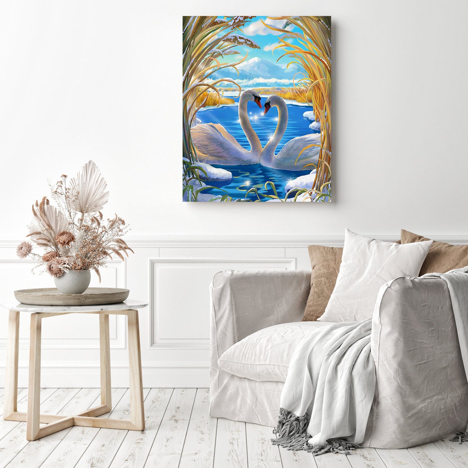 Swans Love | Diamond Painting Displayed as Home Decor