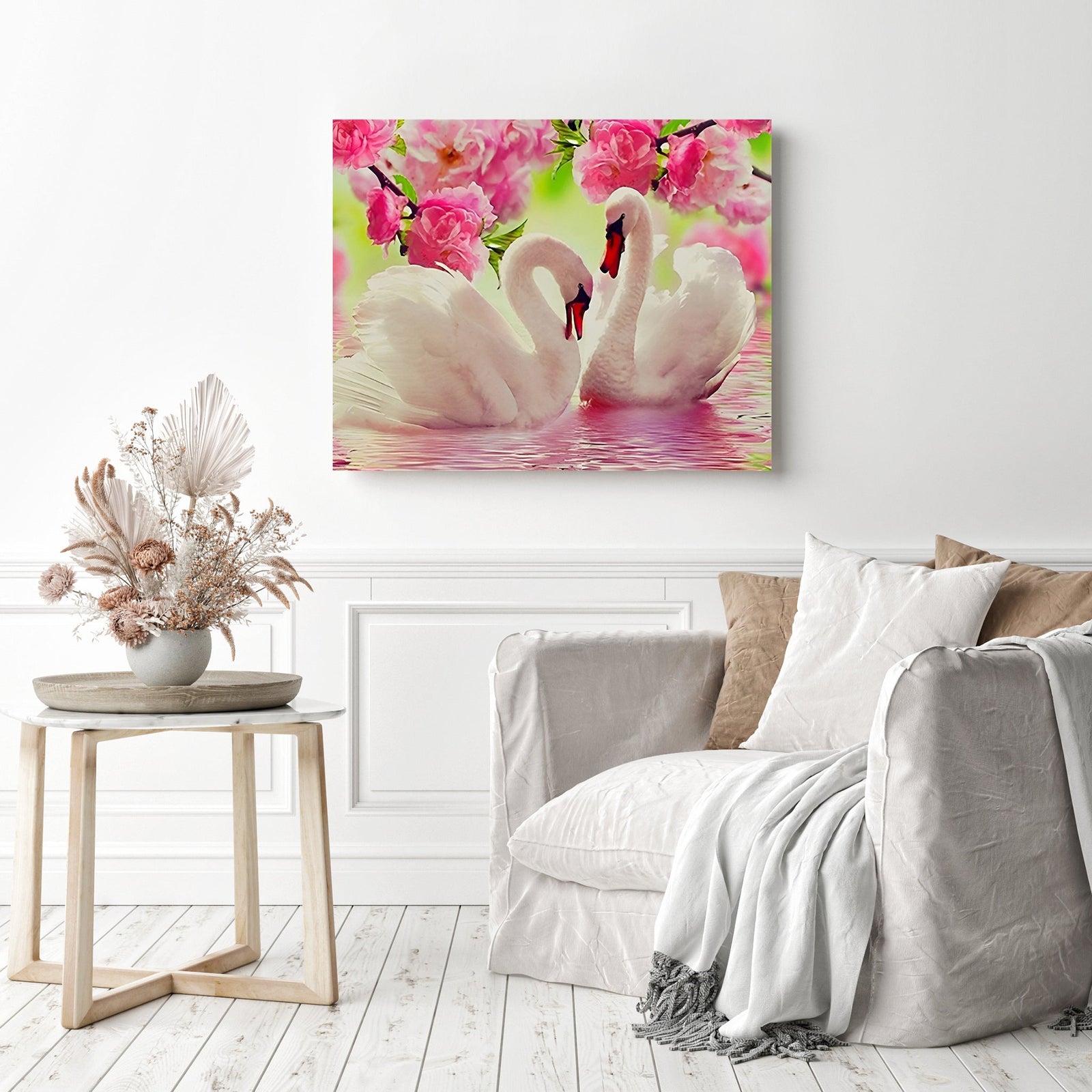 Swans Romance | Diamond Painting Displayed as Home Decor