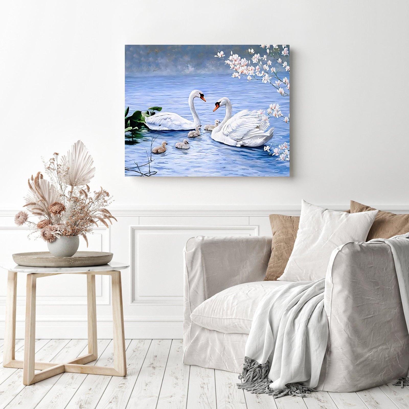 Swans | Diamond Painting Displayed as Home Decor