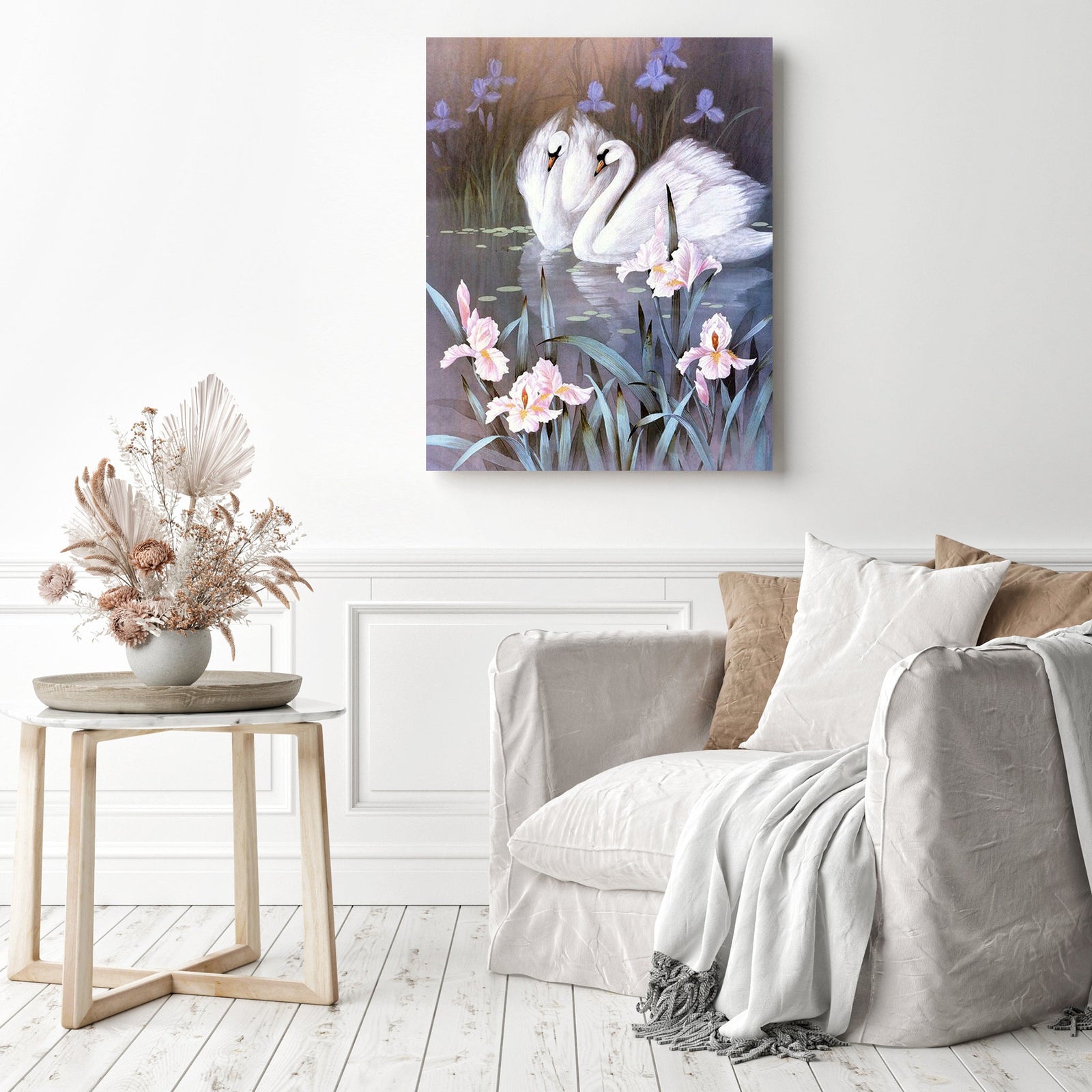 Swans Twilight Ballet | Diamond Painting Displayed as Home Decor