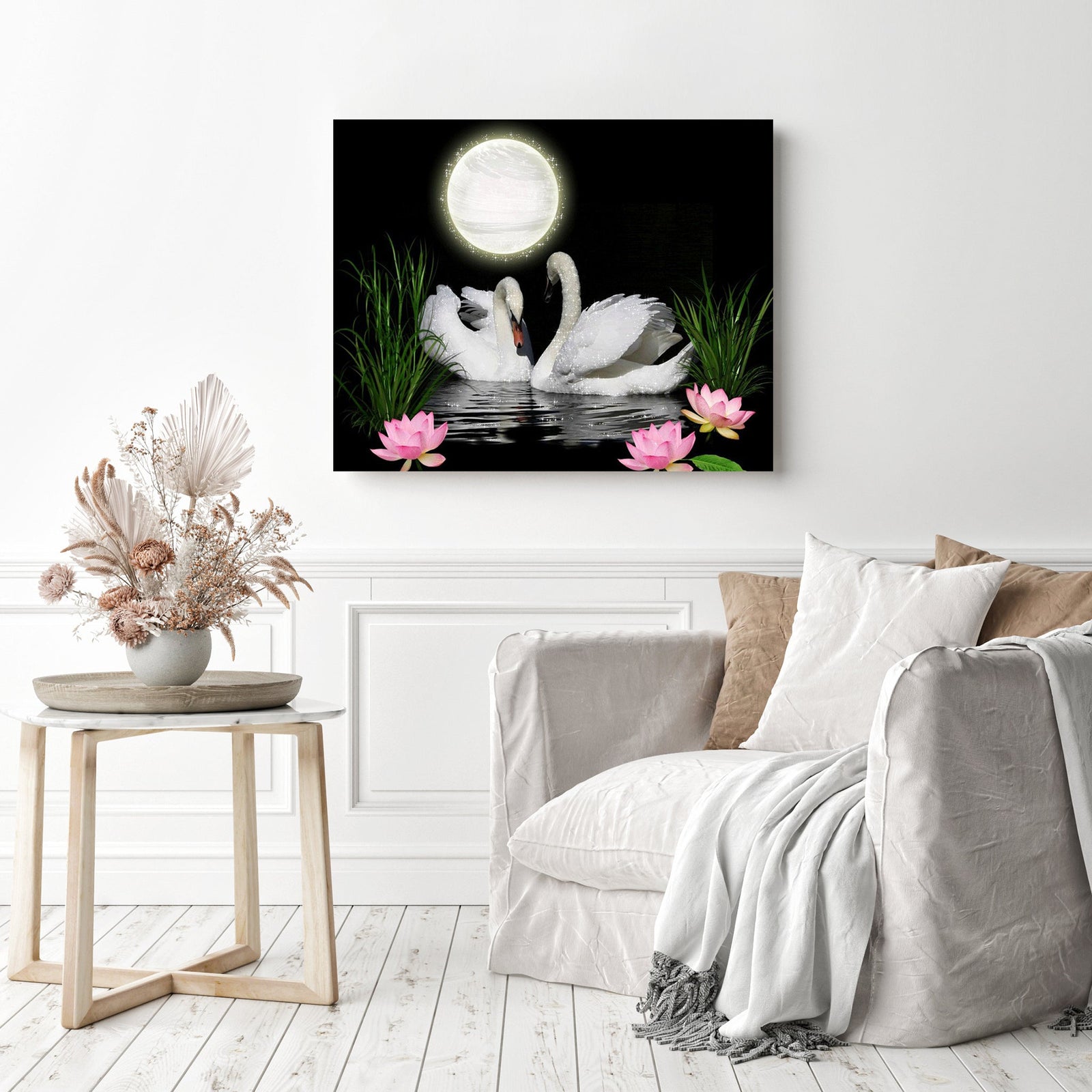 Swans under Moonlight | Diamond Painting Displayed as Home Decor