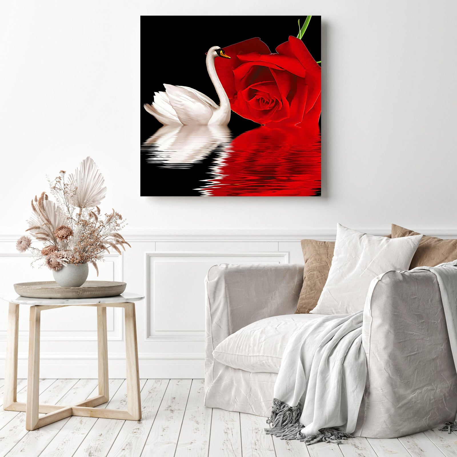 Swans and Roses | Diamond Painting Displayed as Home Decor