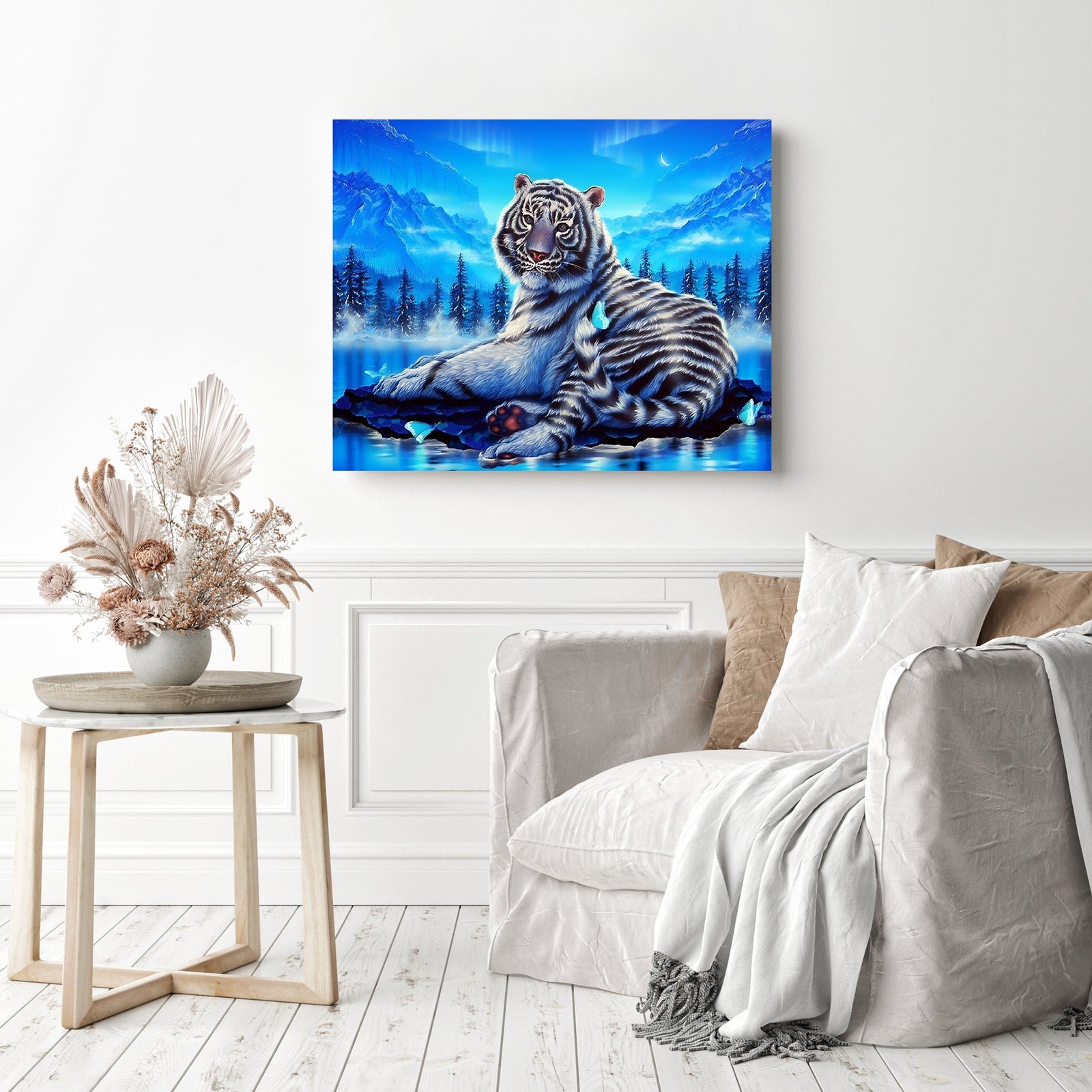 Aurora White Tiger | Diamond Painting Displayed as Home Decor