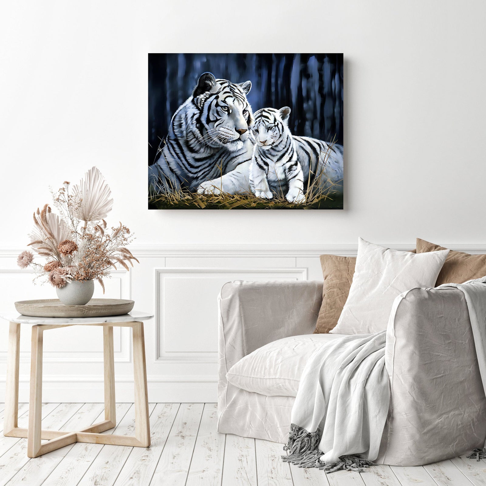 White Tiger and Her Cub | Diamond Painting Displayed as Home Decor