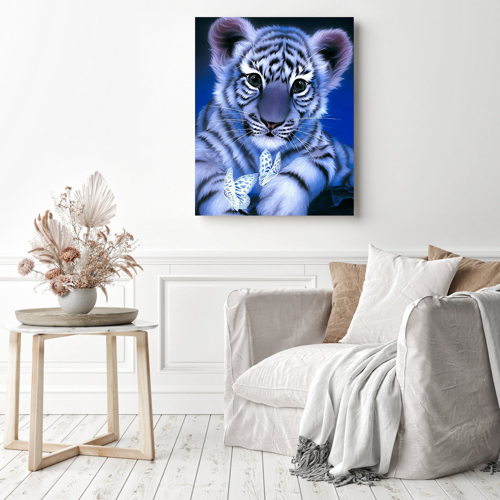 Lion Cub with Butterflies | Diamond Painting Displayed as Home Decor