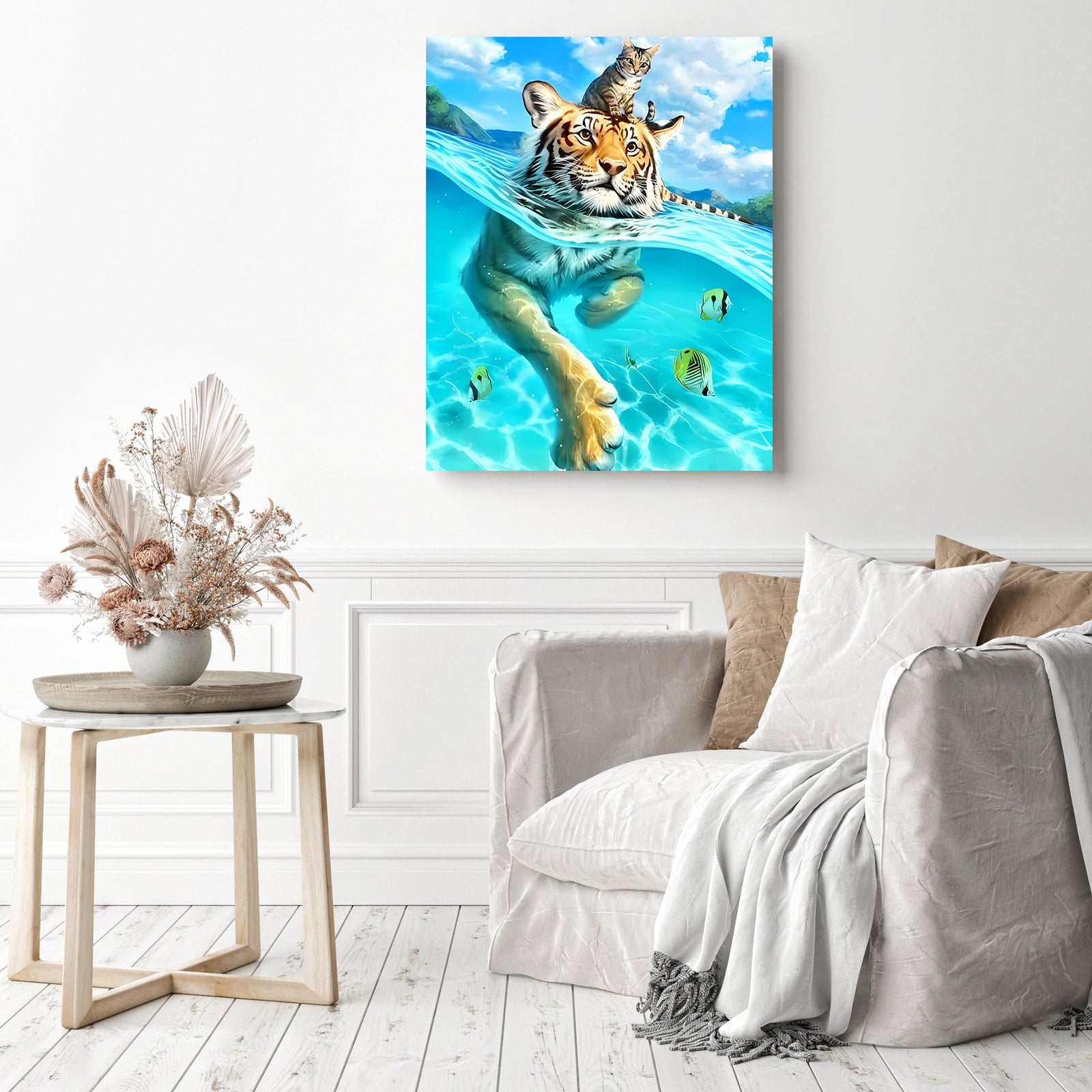 Tiger and Kitty in the Water | Diamond Painting Displayed as Home Decor