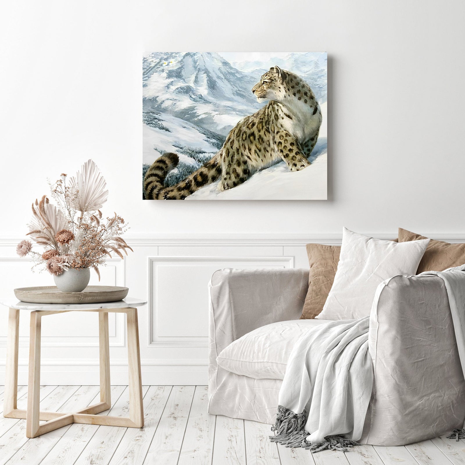 A Snow Cheetah | Diamond Painting Displayed as Home Decor