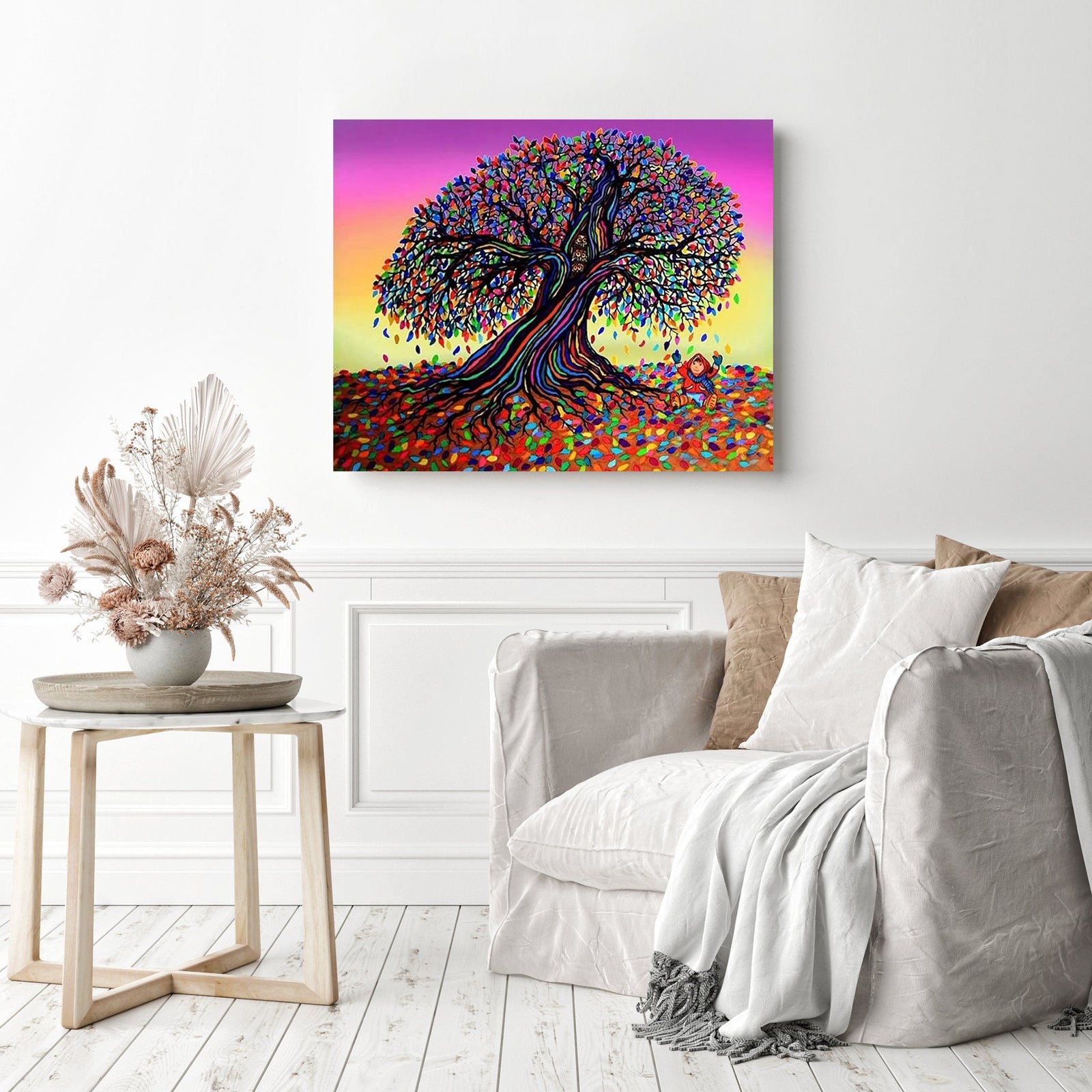 Rainbow Dreams and Falling Leaves | Diamond Painting Displayed as Home Decor