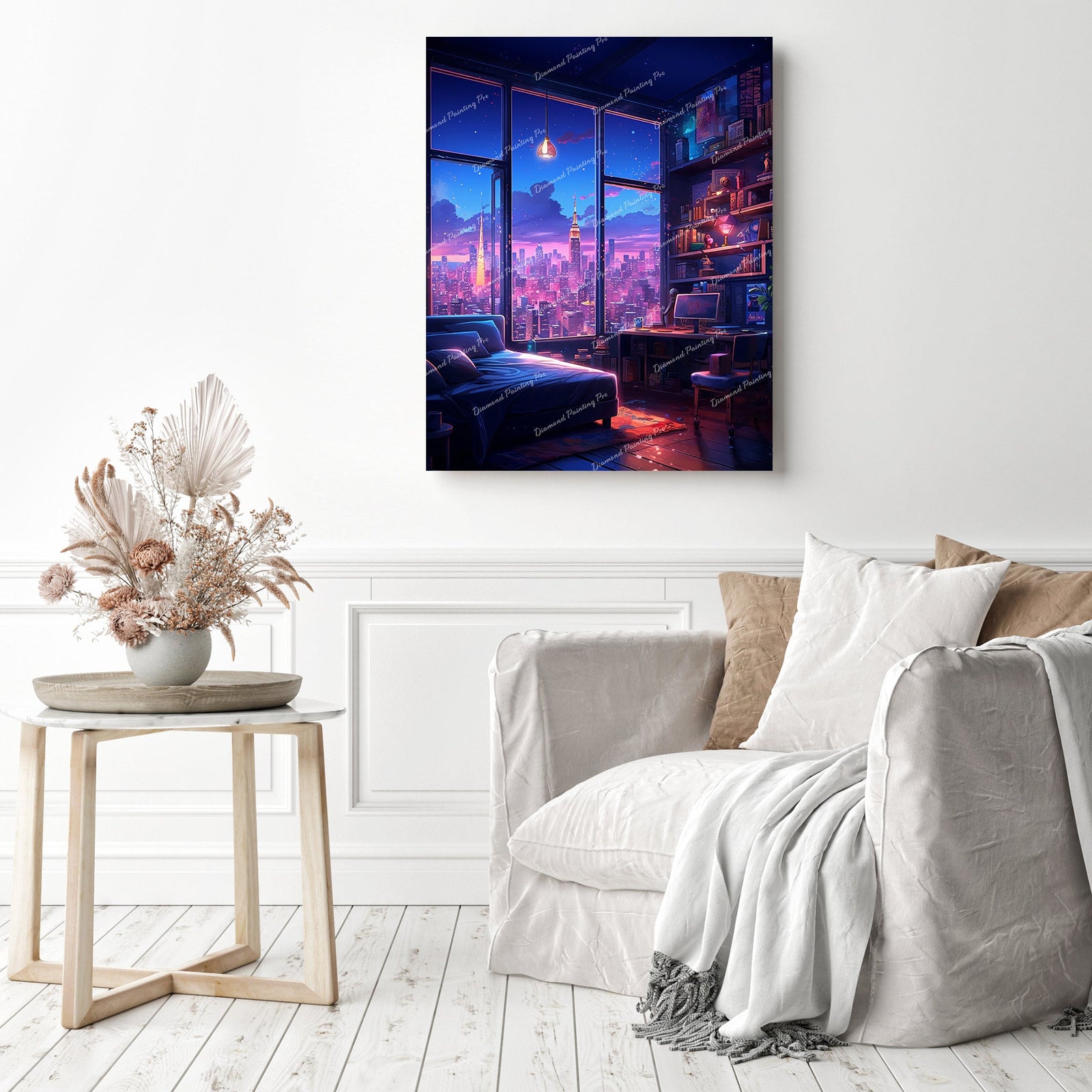 Neon Dreamscape Bedroom | Diamond Painting Displayed as Home Decor