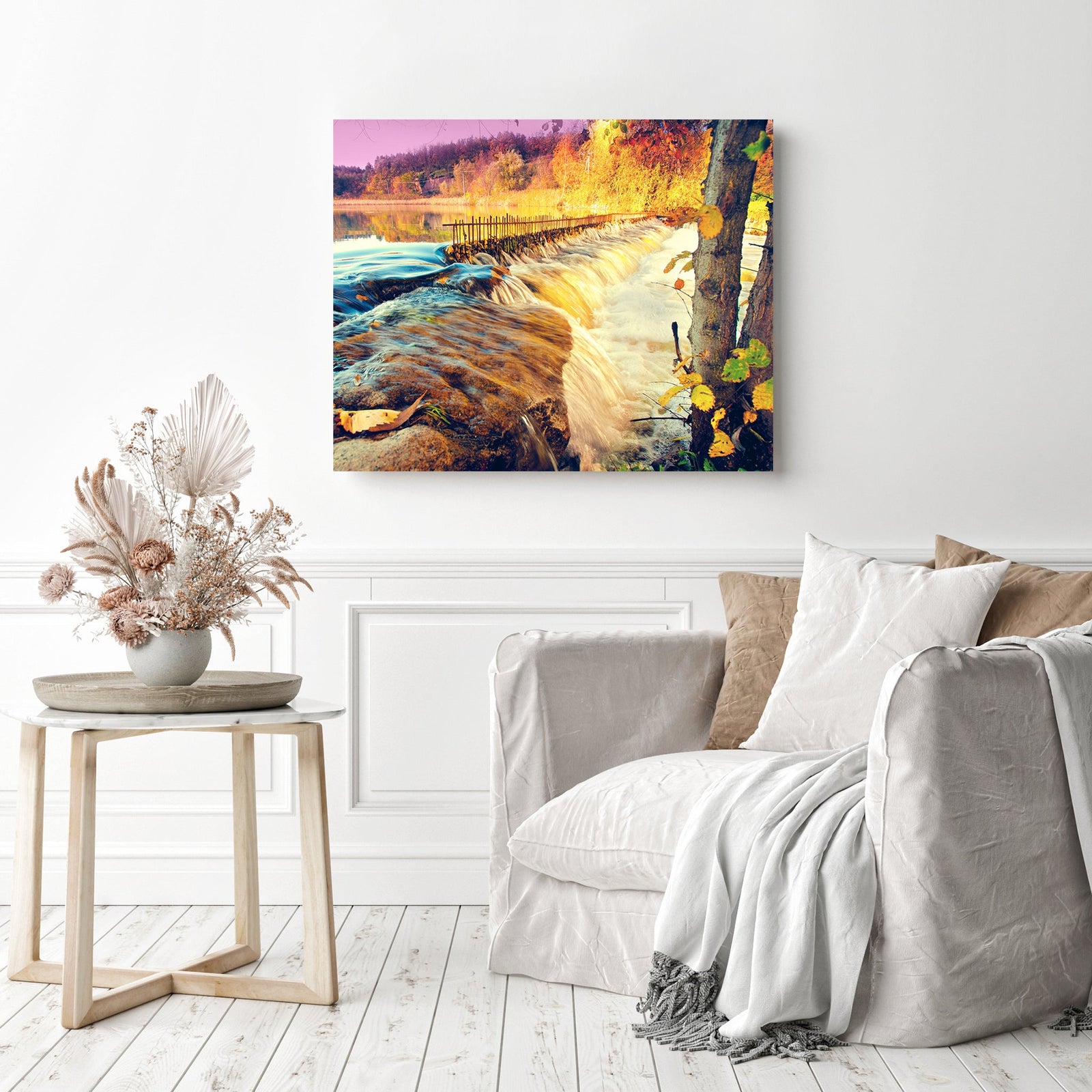 Autumn River Waterfall | Diamond Painting Displayed as Home Decor