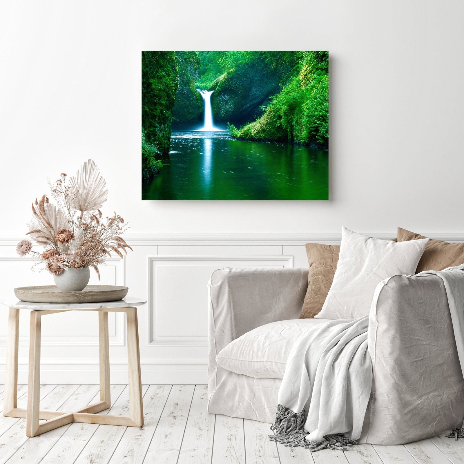 Waterfall in Forest | Diamond Painting Displayed as Home Decor