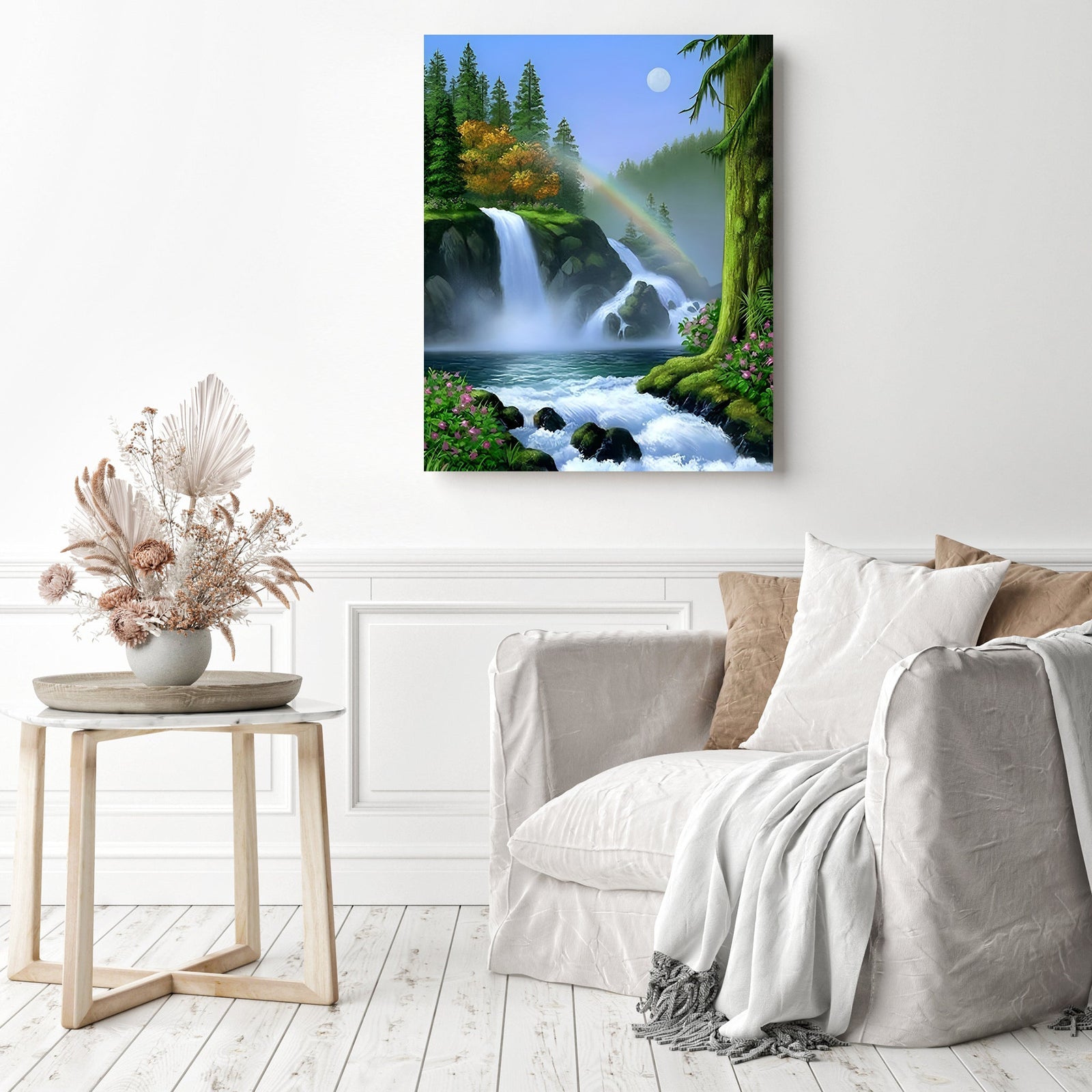 Waterfall under Rainbow | Diamond Painting Displayed as Home Decor