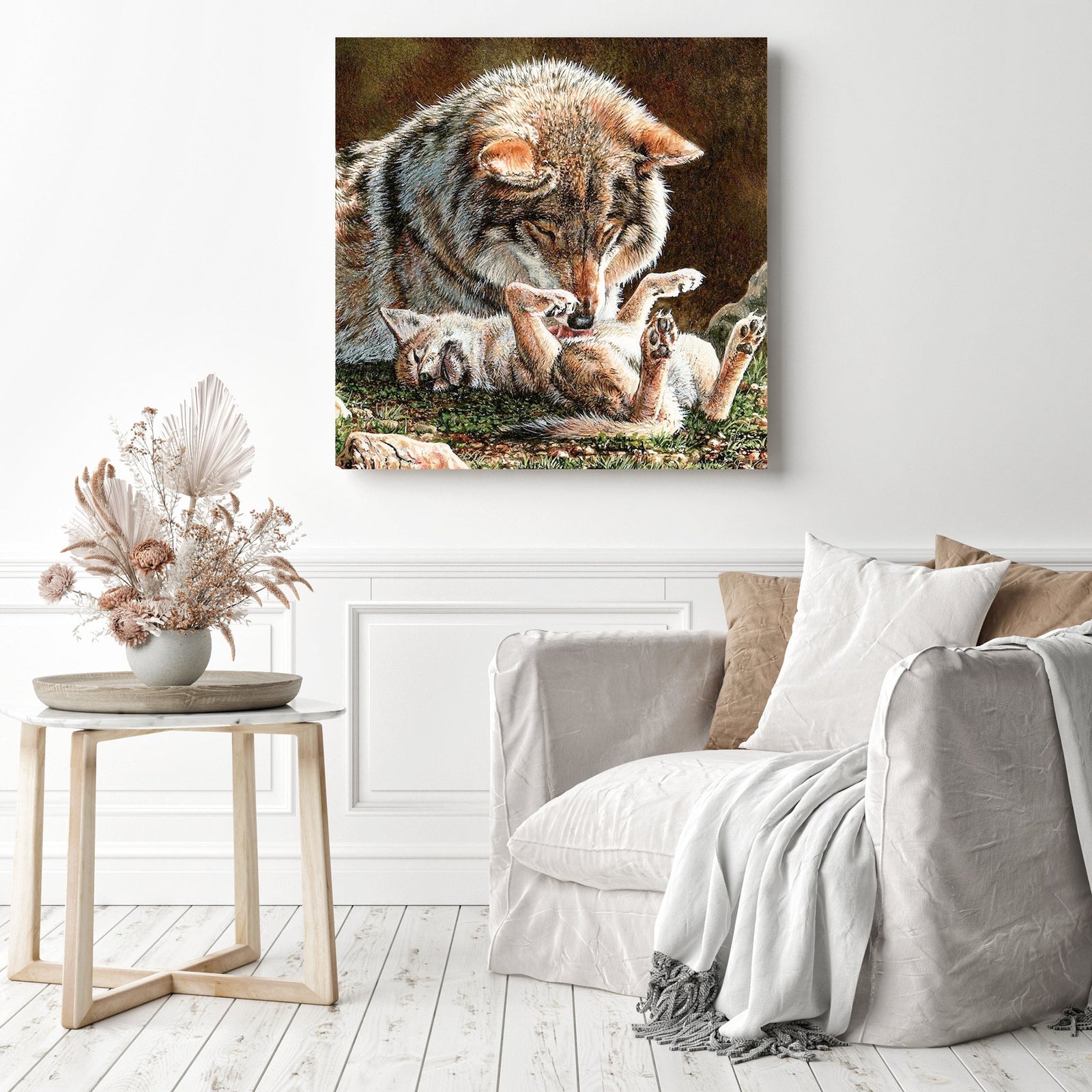 Mother wolf and cub | Diamond Painting Displayed as Home Decor