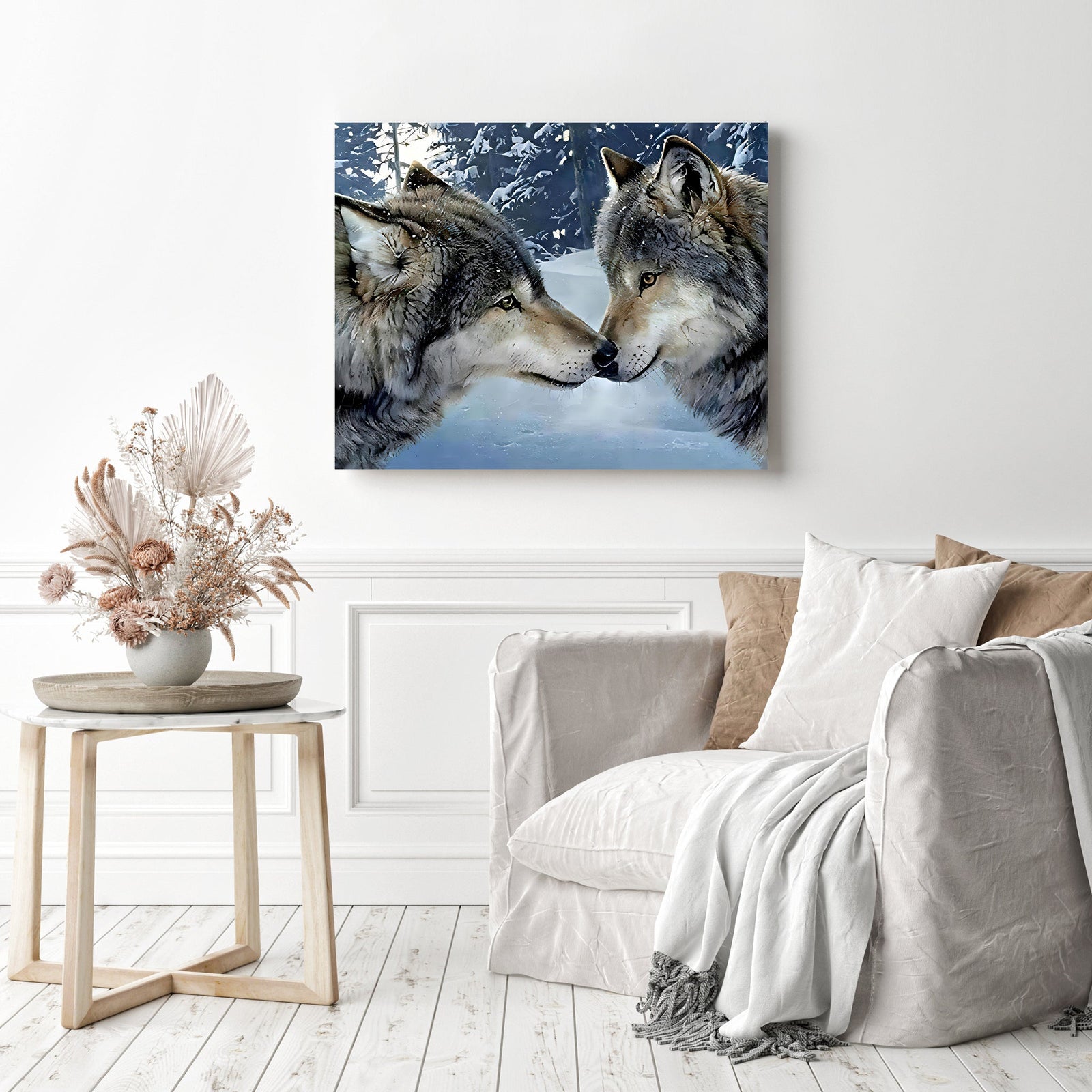 Two Gray Wolves | Diamond Painting Displayed as Home Decor