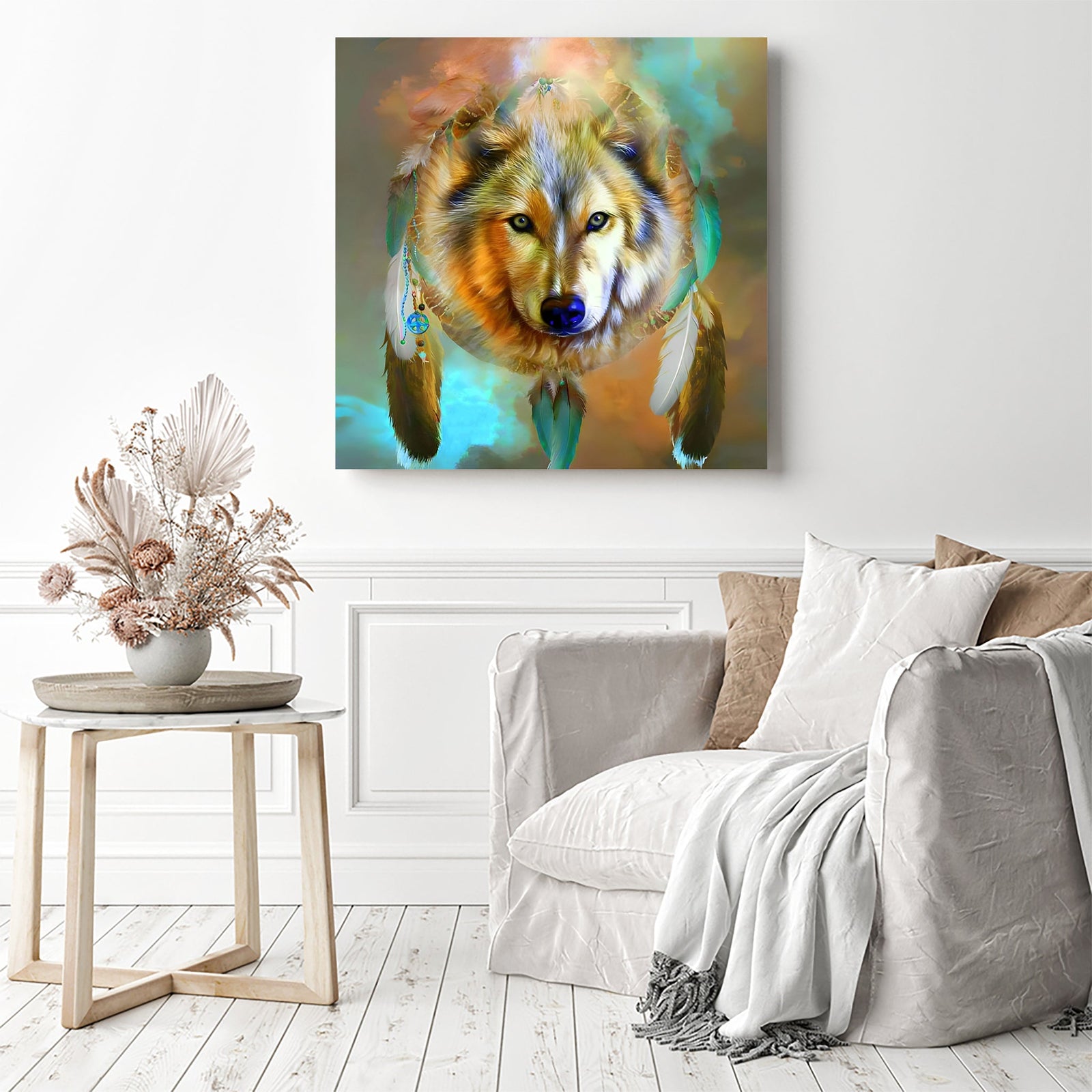 Watercolor Wolf Dreamcatcher | Diamond Painting Displayed as Home Decor