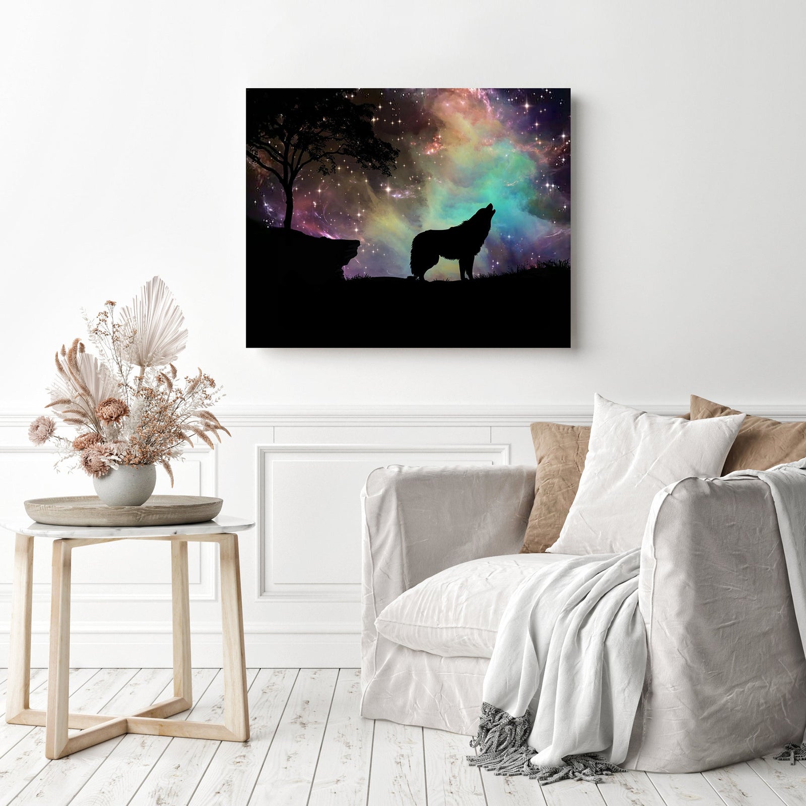 Starry Night Wolf | Diamond Painting Displayed as Home Decor