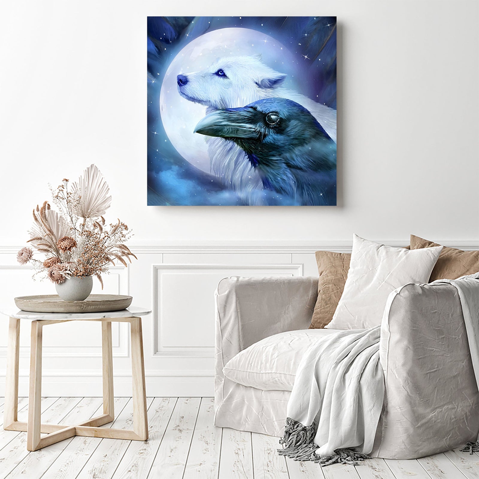 Wolf and Raven | Diamond Painting Displayed as Home Decor