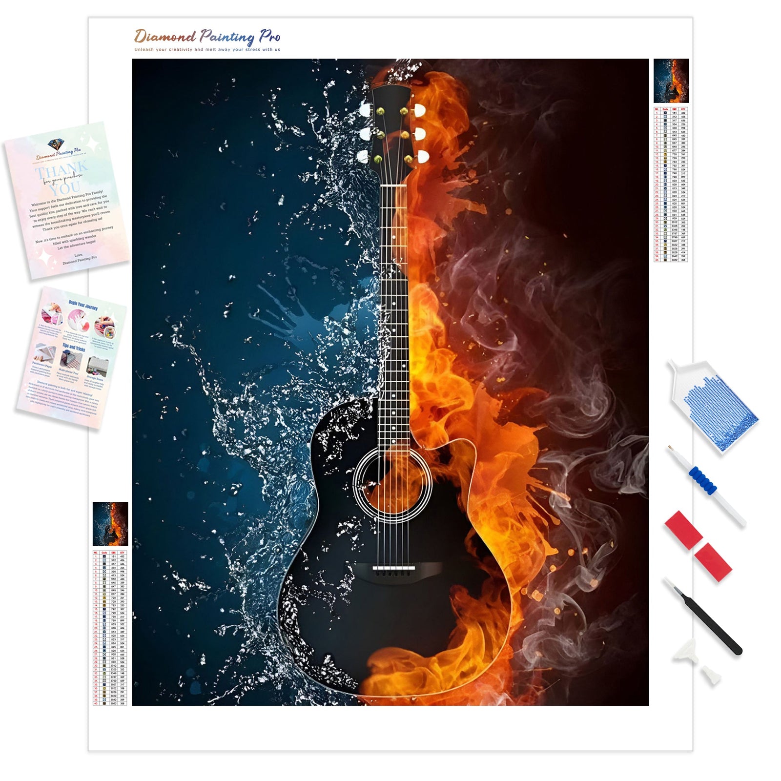 Fire & Water Guitar | Diamond Painting Kit - Full Drill - Square or Round Diamonds with AB Drills Option